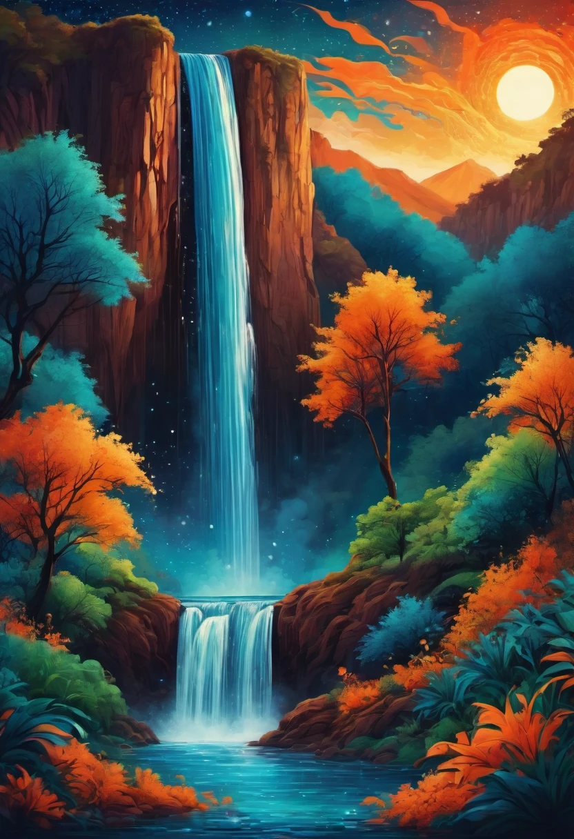 (best quality,highres:1.2),silhouette of a waterfall,colorful background,blue,orange,green,blurred,zentangle style,black,brown, crunch it, make it outstanding, the best emotive silhouette ever, sparkles, light explosions, flying birds, magical, thanks. By Tupu...lol...