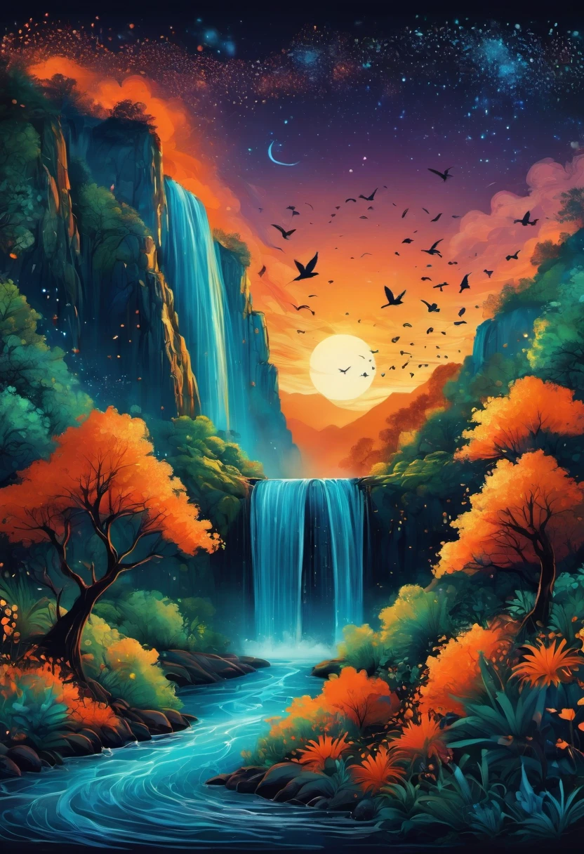 (best quality,highres:1.2),silhouette of a waterfall,colorful background,blue,orange,green,blurred,zentangle style,black,brown, crunch it, make it outstanding, the best emotive silhouette ever, sparkles, light explosions, flying birds, magical, thanks. By Tupu...lol...