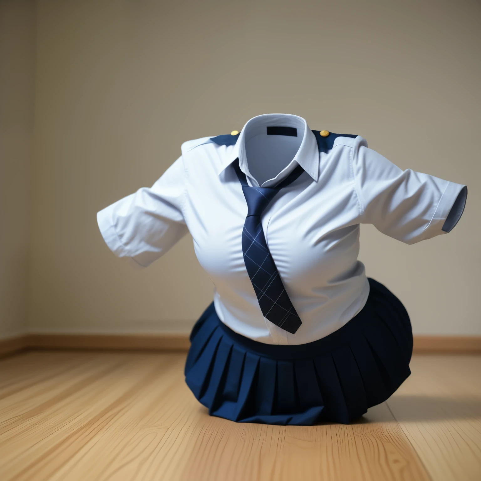 A girl in military dress uniform, dull Ginger. wearing a white diaper. (best quality, highres), uniform, black hair, white, detailed face features, long eyelashes, vibrant colors, soft lighting. Looking down.
