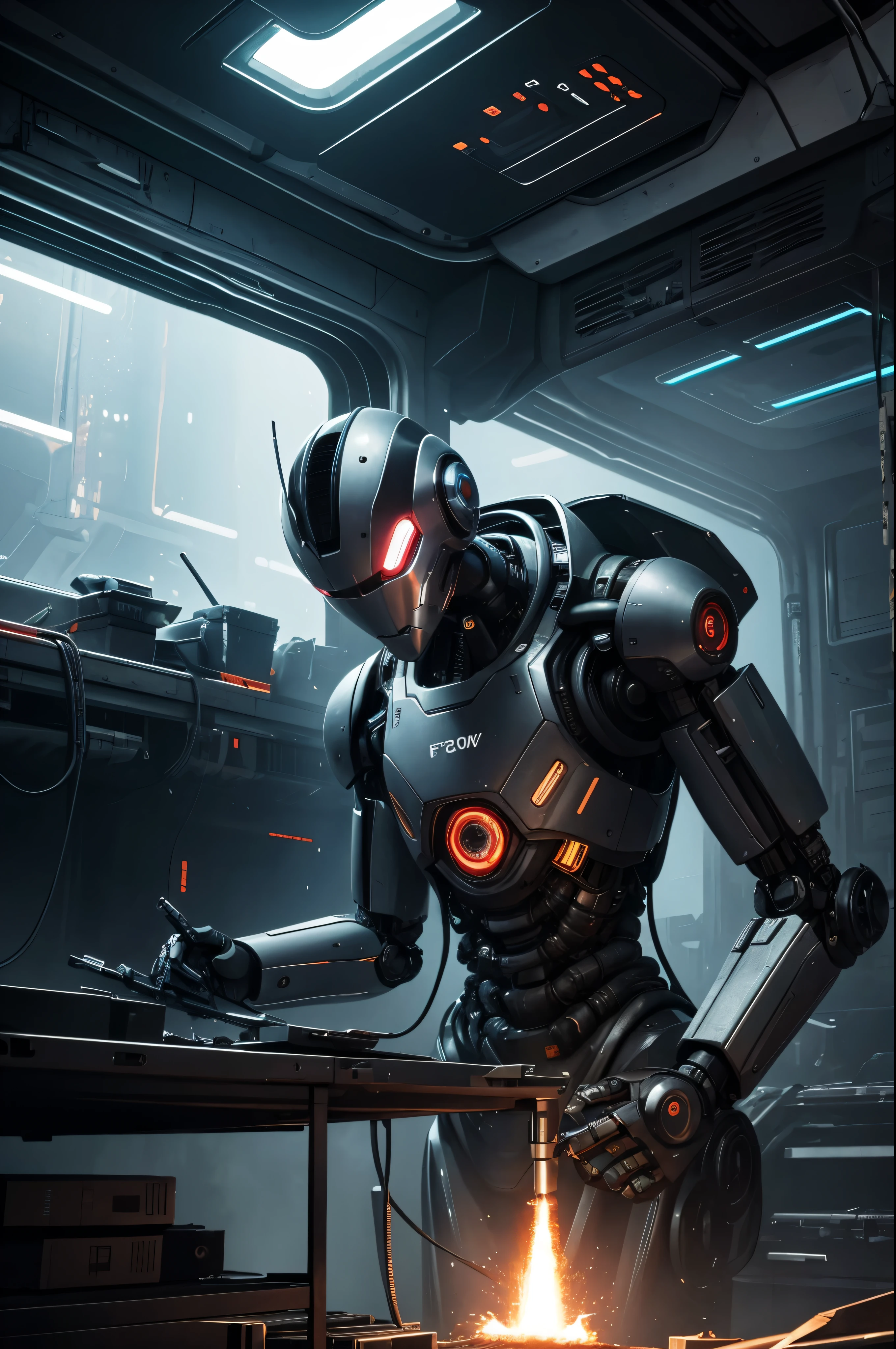 A robot now repairs the'interior of'un vaisseau spatial, atmosphère future, ultra-realistic, ultra-detailed, Cyberpunk, Metallic colors, chalumeau, broken equipment, repair in progress