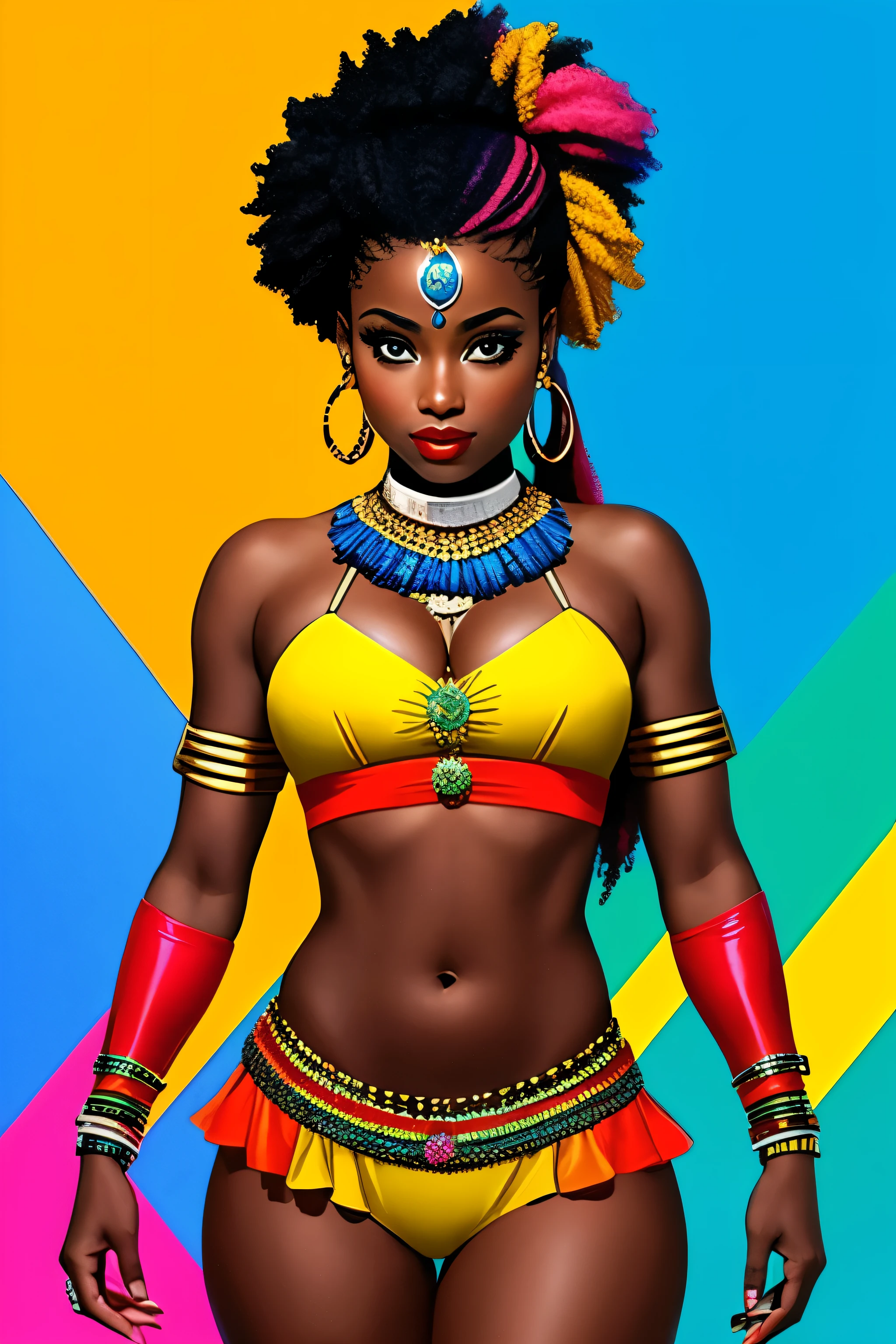 Description: Generate an image of Harley Quinn with fully African characteristics, incluindo pele escura, cabelo enrolado e colorido.
Instructions for generating the image:
1. A Arlequina deve ser representada como uma mulher (africana, com pele escura )and facial features that reflect the ethnic and cultural diversity of the African continent.
2. Seu cabelo deve ser naturalmente (enrolado, com cachos definidos e cheios), demonstrando a beleza dos diferentes estilos e texturas de cabelo afro.
3. Hair coloring should be vibrant, usando cores como azul, rosa, verde ou roxo, que combinem harmoniosamente com sua (pele escura )e realcem sua personalidade marcante.
4. Ela deve estar vestindo um traje inspirado na personagem original da Arlequina, with a predominance of black and red colors, azul,amarelo e rosa,but with elements that value the richness of cultural traditions( africanas.)
5. Harley Quinn's pose should be dynamic, reflecting his outgoing and energetic personality, and allowing you to highlight your African identity with confidence.
6. O fundo da imagem pode ser uma paisagem urbana, allusion to a cosmopolitan city, or any scenario that reminds you of the busy city, mas com elementos que possam representar a cultura africana de ;, . Enfatize a beleza e a diversidade da cultura africana, providing an empowering image of Harley Quinn in battle in chaotic scenery)
Contar: Use sensory Descriptions to enhance the image, destacando a (textura do cabelo,) os detalhes do traje, the facial expression and atmosphere of the scenery.
da Arlequina; 16K