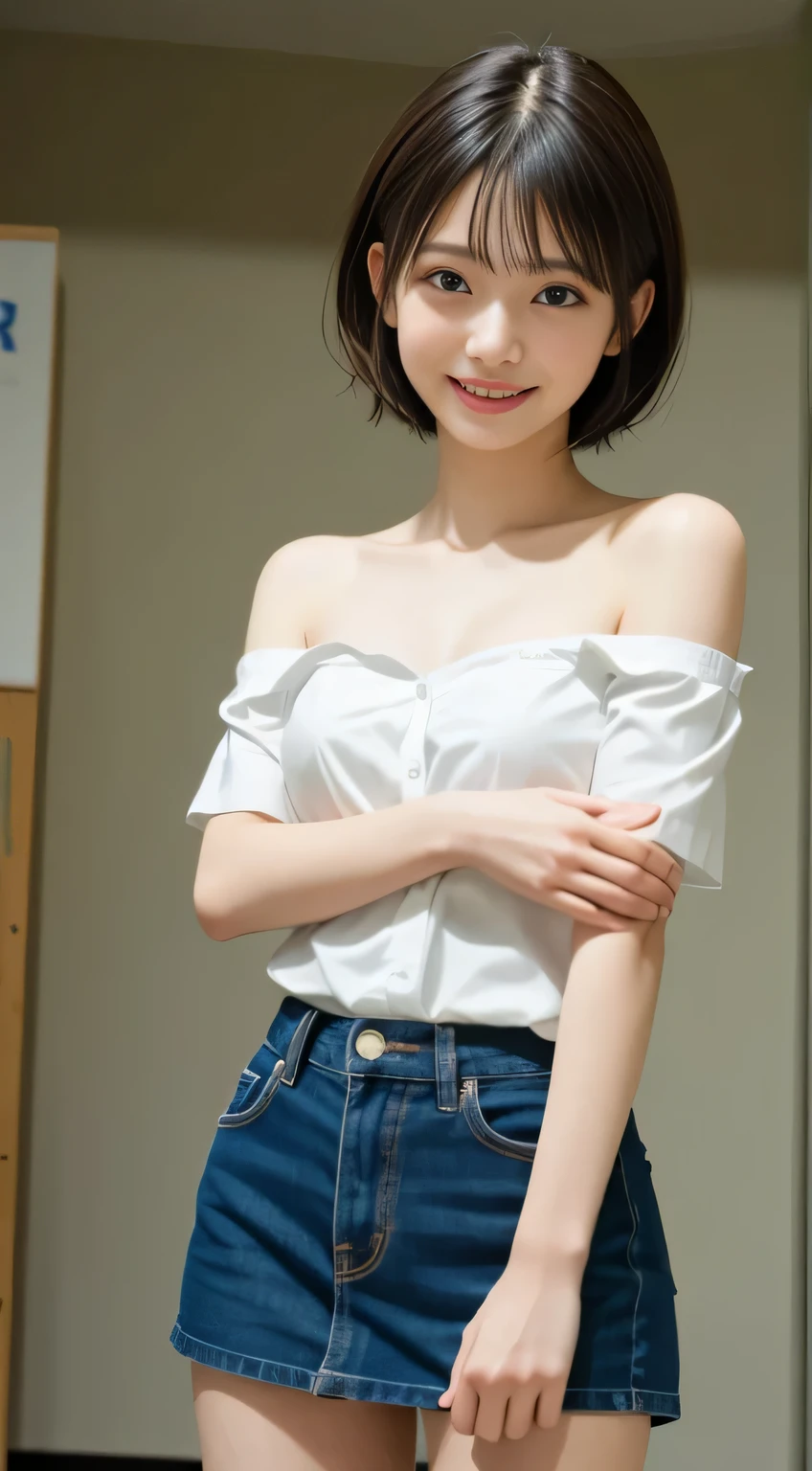 (8k,RAW photo、RAW photo、highest quality、master masterpiece:1.2)、1girl、1middle aged male、Super detailed、super resolution、(Photoreal:1.3)、((shot from below)),((cowboy shot:1.4))、Clearly depicts the shadows of light、High resolution RAW color photos、professional photos、(((Inside the store:1.4)))、I draw it faithfully to the anatomy.....、very detailed and beautiful、super high quality、((girl with short cut hair:1.4))、((貴金属Inside the storeのショーケースの前に立っているgirl:1.4))、((White collar short sleeve off shoulder shirt(no strap):1.4))、((white short sleeve off shoulder cotton shirt:1.4))、((Denim skirt that highlights your thighs:1.4))、Upper body、((ポシェットを肩に掛けているgirl:1.4))、((smile:1.4))、