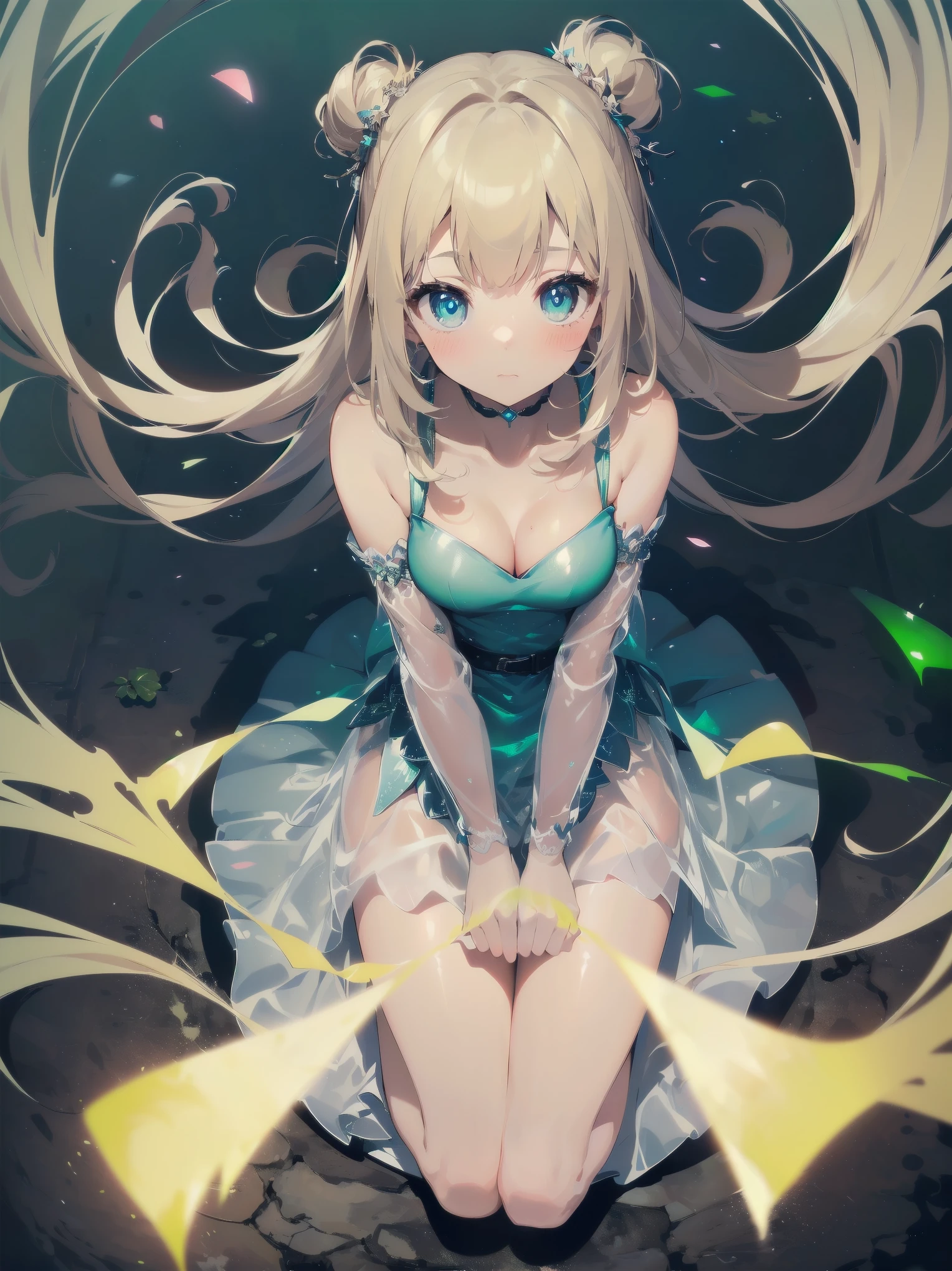 Masterpiece, high quality, high quality illustration, vast expanse of medieval cityscape, one girl, solo, (((( dress, V-neck, fluorescent luminescent lamé and see-through material produced, )))) long sleeves, long dress, delicate and super detailed embroidery, ((cute, super cute, incredibly ridiculous cuteness)) looking at you, ((blush)), raw girl ((from above)), shy pose,