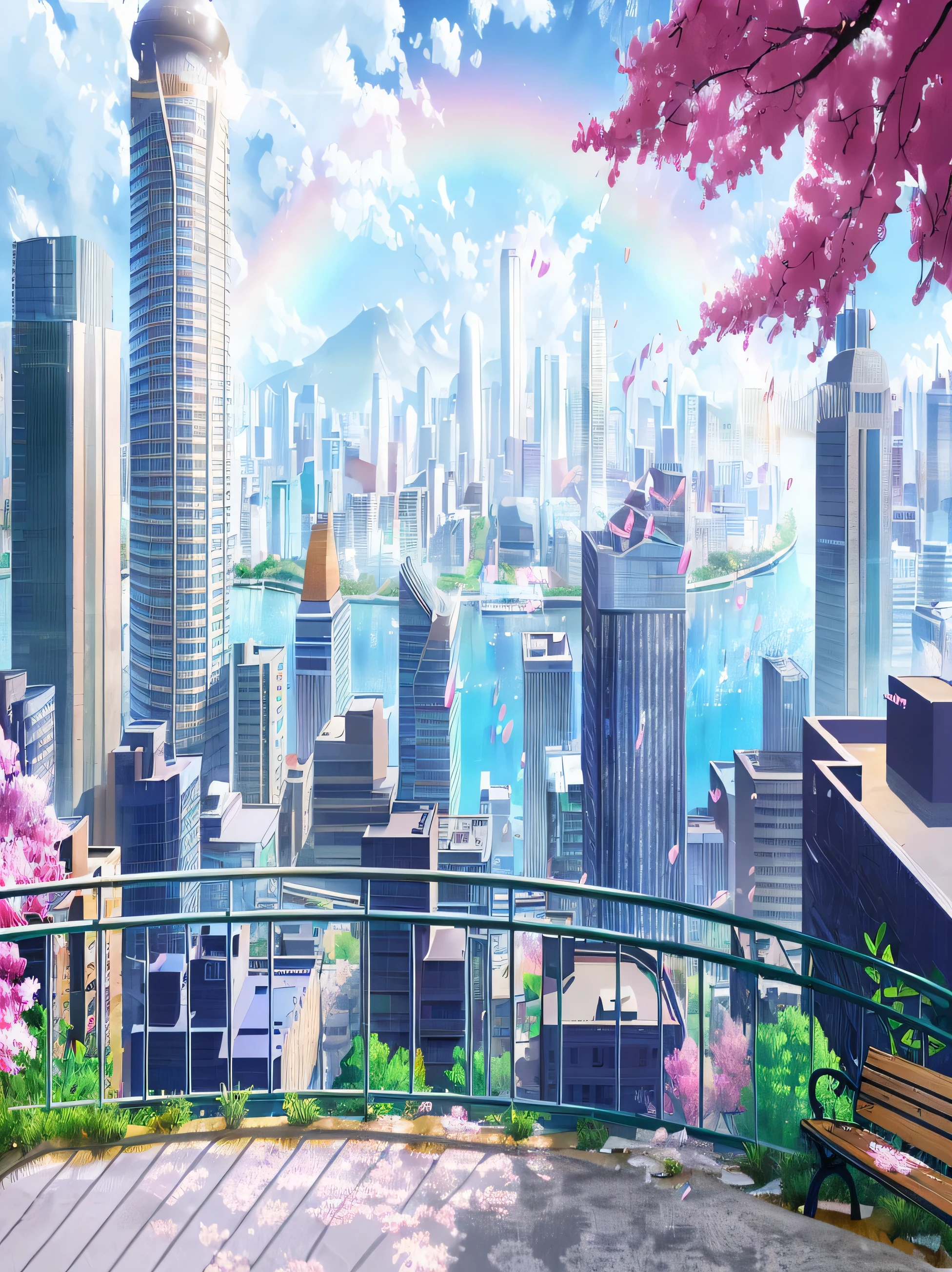 (best quality,4k,8k,highres,masterpiece:1.2),ultra-detailed,(realistic,photorealistic,photo-realistic:1.37), HDR,UHD,studio lighting,ultra-fine painting,sharp focus,physically-based rendering,extreme detail description,professional,vivid colors,bokeh, benches,overlooking, rainbow, city, Tokyo, anime, scenic, beautiful, background, colorful, art, rich, film, concept, daytime, peaceful, wallpaper