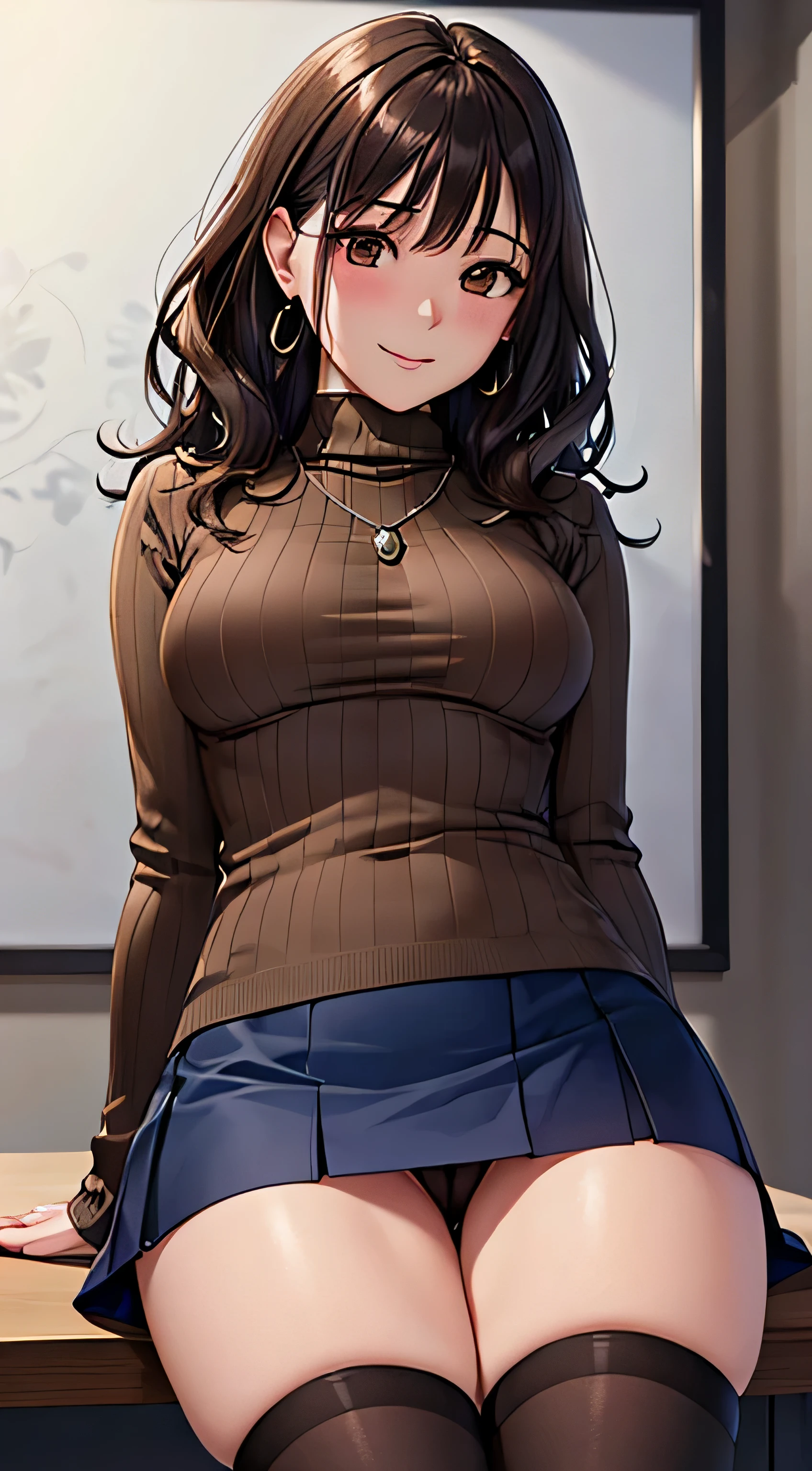 (table top, highest quality, High resolution, , perfect pixel, 4k,), 1 girl, single, alone, Beautiful woman、I could see the whole body、 ((Wavy mid-hair, bangs, brown hair)), ((brown eyes, beautiful eyelashes, realistic eyes)), ((detailed face, blush:1.2)), ((smooth texture:0.75, realistic texture:0.65, realistic:1.1, Anime CG style)), soft chest, dynamic angle, perfect body, ((, female teacher, , earrings、necklace、turtleneck sweater、Dark blue flared skirt、black knee high stockings、open both legs wide、、shy smile)), 、、、evening、sit at desk、When I rub her breasts with both hands, I can see her white lace panties.、Close your chest with both arms)、angle from below)、