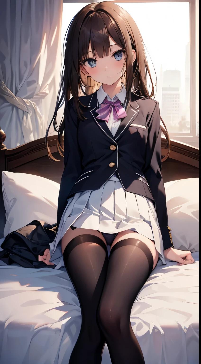 finest, masterpiece, High resolution, (Full body diagram from head to toe), Composition from the front and slightly below, symmetrical, 18-year-old, Slim and beautiful girl, alone, (small breasts), (not wearing shoes),Unkempt brown hair, bangs, (black tights), (black pantyhose), (Pose with legs spread on the bed), tied up with both arms hidden behind the back, (Composition showing white panties), (her legs spread、I can see white pants.), blush, shy big eyes, looking at camera, Blazer Uniform, plaid pleated skirt、((Panties through stockings))