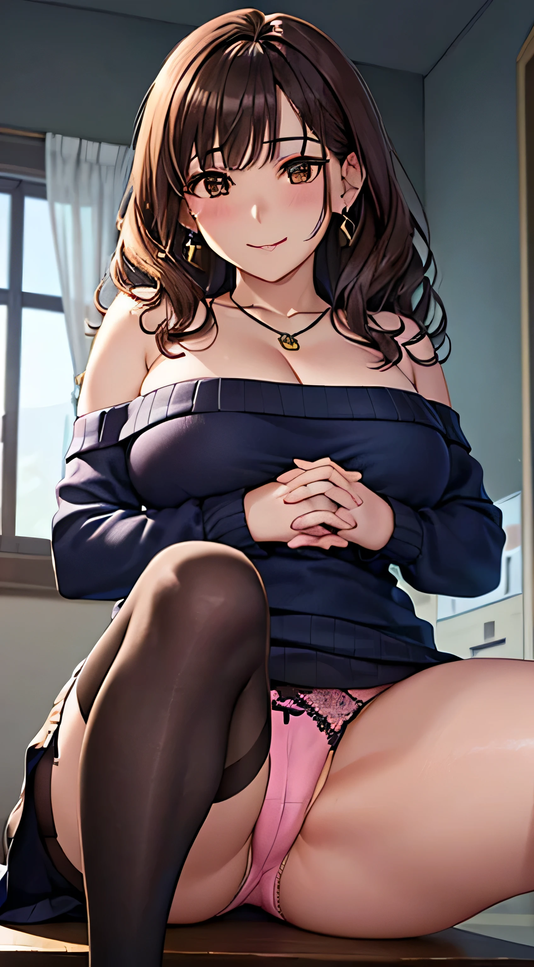 (table top, highest quality, High resolution, , perfect pixel, 4k,), 1 girl, single, alone, Beautiful woman、I could see the whole body、 ((Wavy mid-hair, bangs, brown hair)), ((brown eyes, beautiful eyelashes, realistic eyes)), ((detailed face, blush:1.2)), ((smooth texture:0.75, realistic texture:0.65, realistic:1.1, Anime CG style)), soft big breasts, dynamic angle, perfect body, ((, female teacher, , earrings、necklace、off shoulder sweater、Dark blue flared skirt、black knee high stockings、open both legs wide、、shy smile)), Upper grade、、、evening、Sit on the floor、(((Holding a pen between the cleavage 9、close your chest with both hands、You can see pink lace panties)、angle from below)、