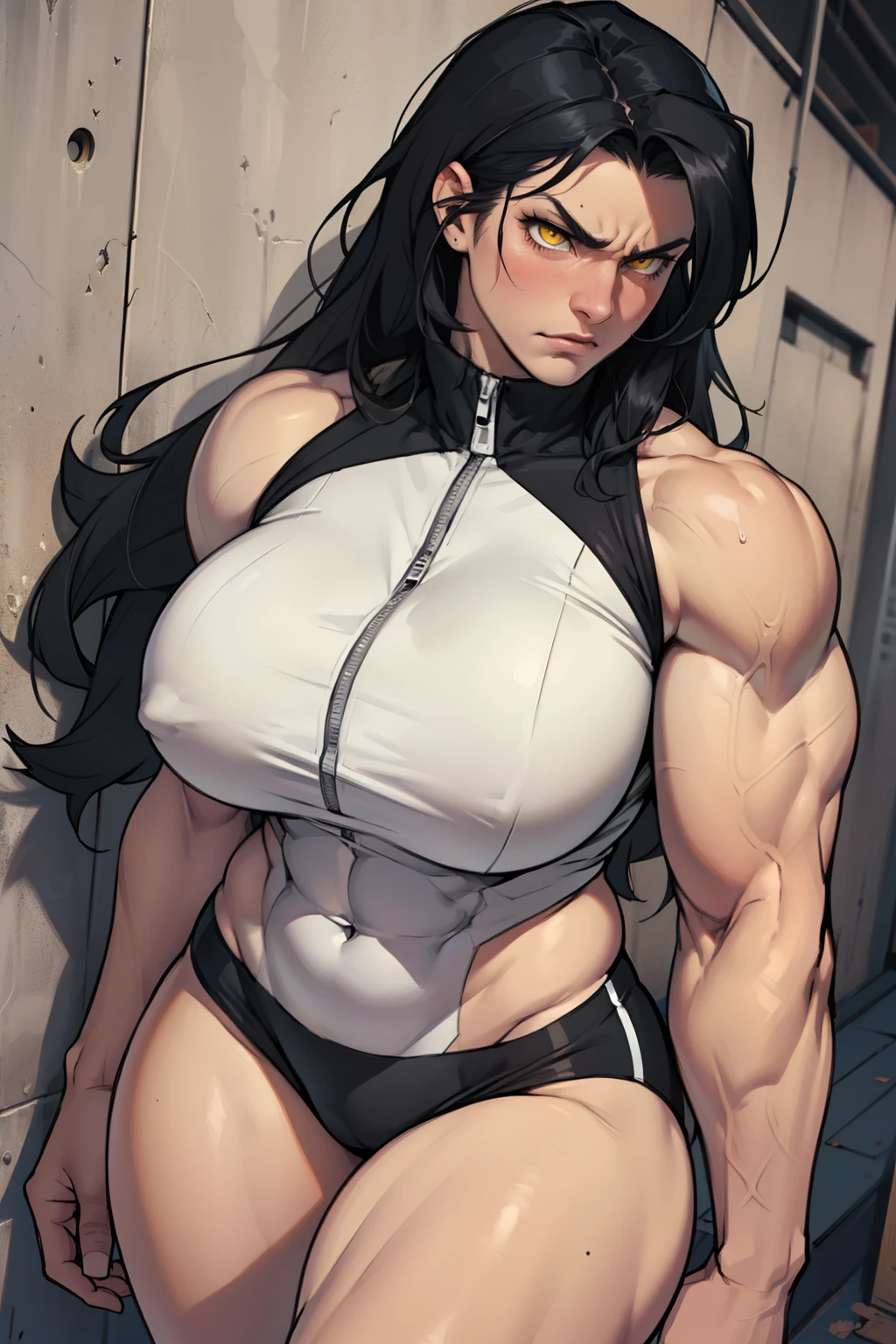 (1girl), black hair, extremely long hair, yellow eyes, (huge breasts), (thick thighs), solo, despair face, (pale skin), cowboy shot, ((((muscular))))