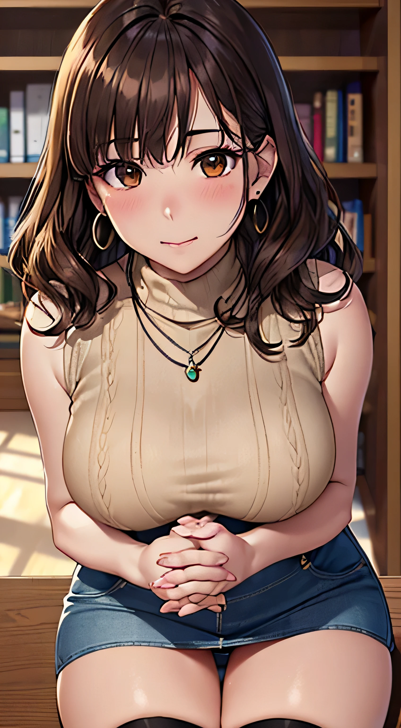 (table top, highest quality, High resolution, , perfect pixel, 4k,), 1 girl, single, alone, Beautiful woman、I could see the whole body、 ((wavy middle hair, bangs, brown hair)), ((brown eyes, beautiful eyelashes, realistic eyes)), ((detailed face, blush:1.2)), ((smooth texture:0.75, realistic texture:0.65, realistic:1.1, Anime CG style)), ((soft chest)), dynamic angle, perfect body, ((, Beige sleeveless turtleneck sweater、Tight Denim Mini Skirt、black stockings、cute necklace、EarringsMassage your chest with both hands)), upper grade、shy smile、In front of the bookshelves in the library、sit at desk、(angle from below、)