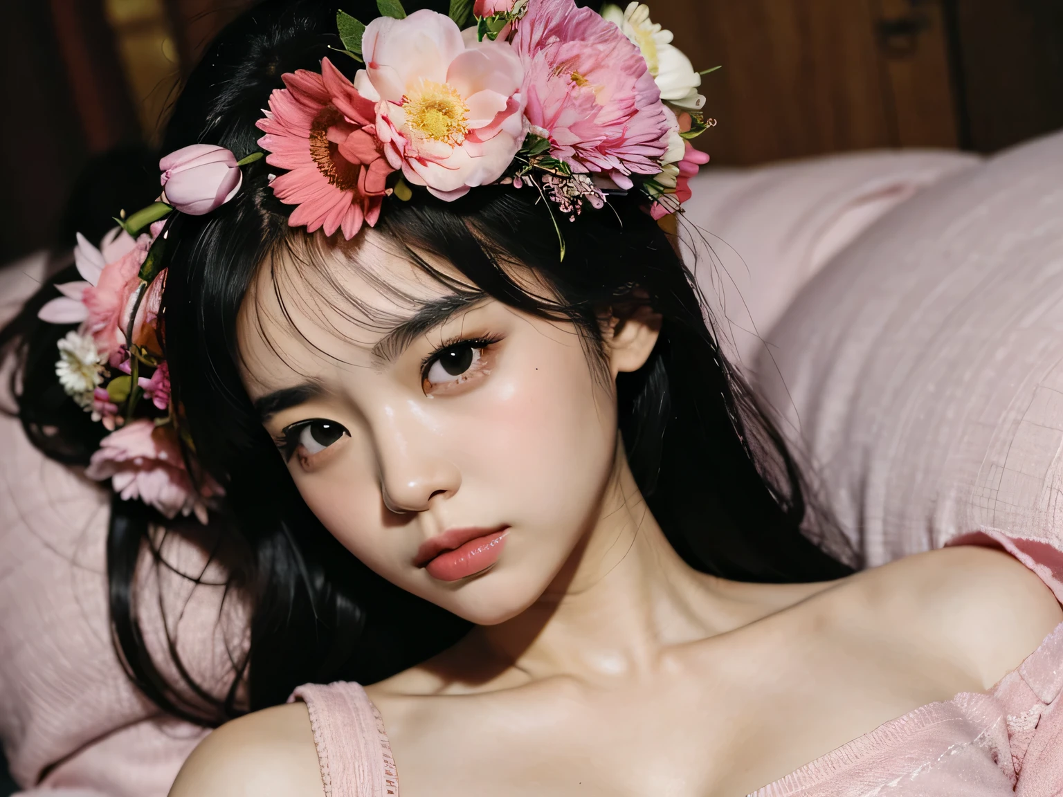 girl with her hands on her face, surrounded by flowers, flowers covering eyes, with flowers, with frozen flowers around her, girl in flowers, flowers on heir's cheeks, by Ayami Kojima, girl with a flower face, Rinko Kawaguchi, girl screaming yolo - aesthetic, by Eizan Kikukawa, Beautiful young girl, Japanese Beautiful, Japanese face, Portrait Japanese girl, combined with flowers, ((very dreamy)), *romantic*, spotlight, light Dull, mood lighting, hyper quality, hyper-detailed, super-resolution, hyperrealism, Excellent clarity. Extremely real. masterpiece, 8k