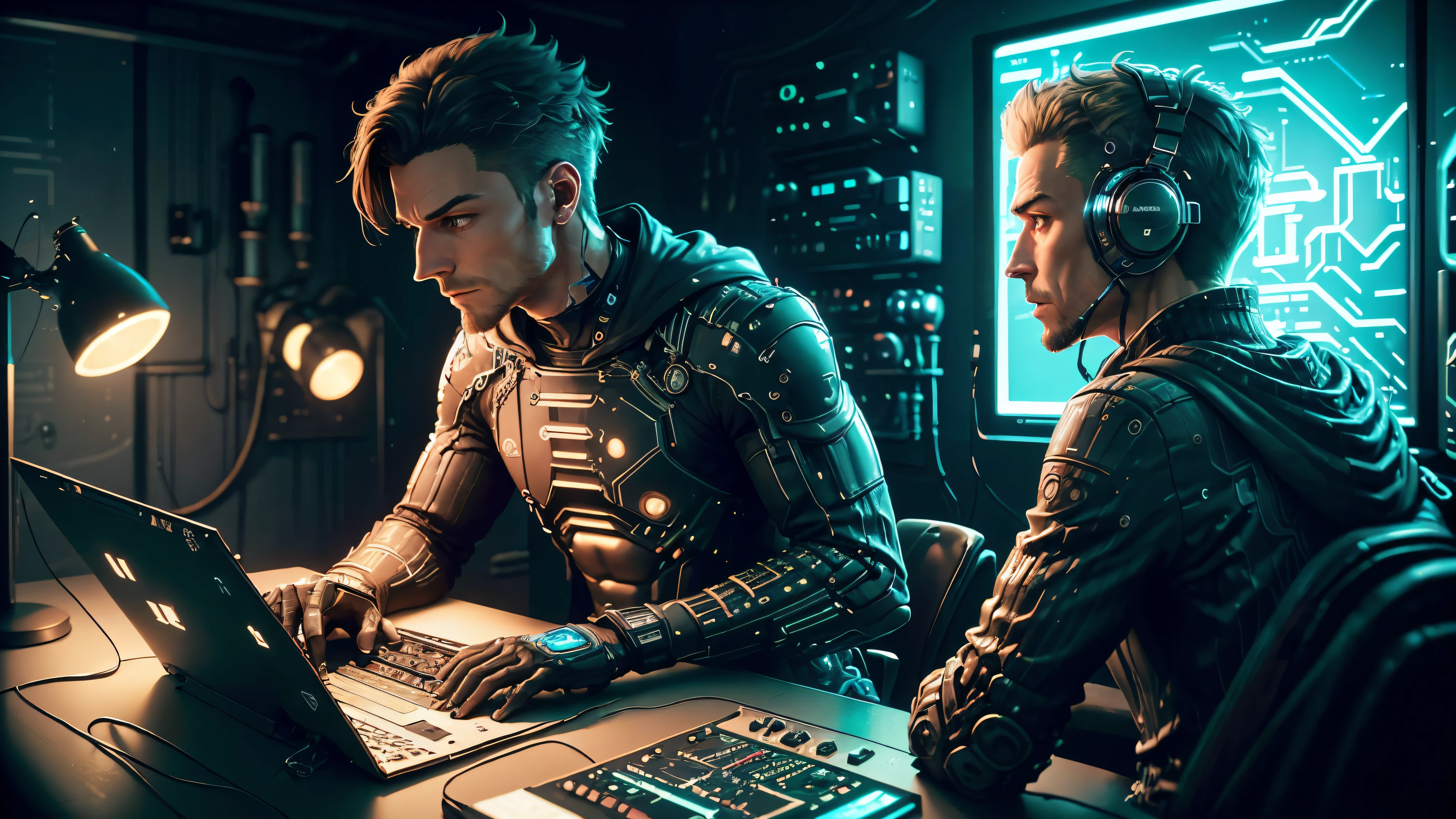 realistic, Cinematic, High quality: a man wearing robotic prosthetics sits in front of a MIDI keyboard and a computer. Ils sont dans un studio d'enregistrement cyberpunk, a room with cables and pipes, with a synthesizer hanging on the wall. Langue cible, Atmosphère, vaisseau spatial futuriste, Photo de profil prise