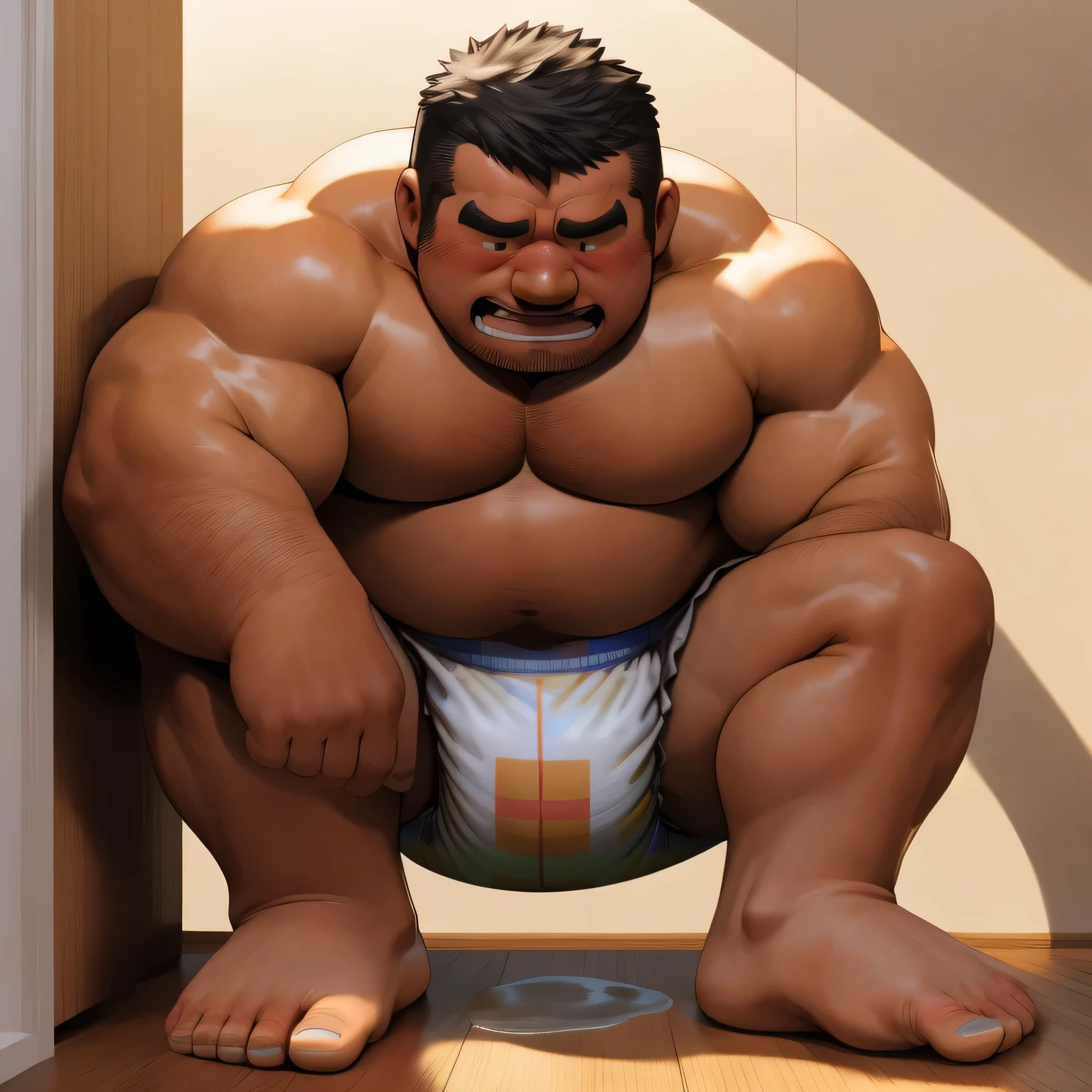 masterpiece, highest quality, At 32K, perfect anatomy, very detailed, super detailed illustrations, the fat man is a cruel prisoner, retarded, hairy, human, the 50s in japan, (obesity: 1.0), fatty muscle, bowl leg, disappointment, I was incontinent, the 50s, Children check diapers, There is a small puddle under him, naked, short legs, bowl leg, spread your legs, wear white cloth diapers, nakedのお腹, naked足, naked足, nakedの靴底, 上半身naked, wide forehead and short thin hair, A man with a big face and stubble, naked足, nakedの靴底, shy, sob, female々New, weak, Drool, round face, I enter a nursery school, but the children look down on me., he is made to stand in the corner of the playground, corner time, he was surrounded by children, naked足, big ass, white diaper, sob, There is a small puddle under him, sob,