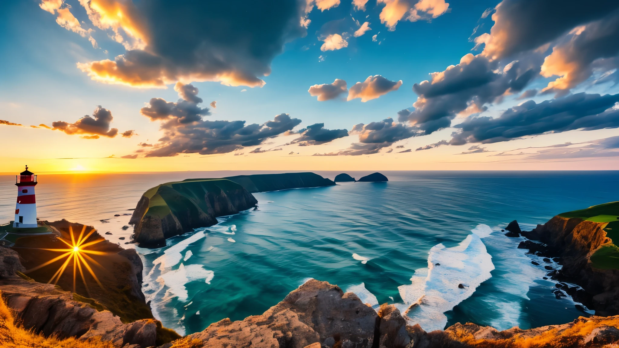 ultra-wide-angle,View from the top of the mountain,(a lighthouse),wave,beach,majestic,sunset