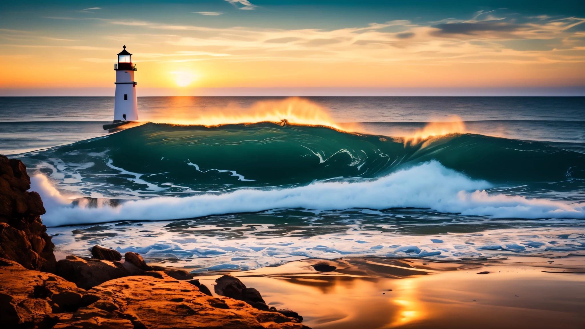ultra-wide-angle,View from the top of the mountain,(a lighthouse),wave,beach,majestic,sunset