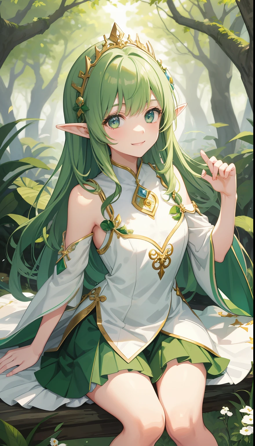 1 girl、smile、pretty girl、green hair、elf、forest fairy、Princess、white dress、(small breasts)、Portrait from the crotch up、