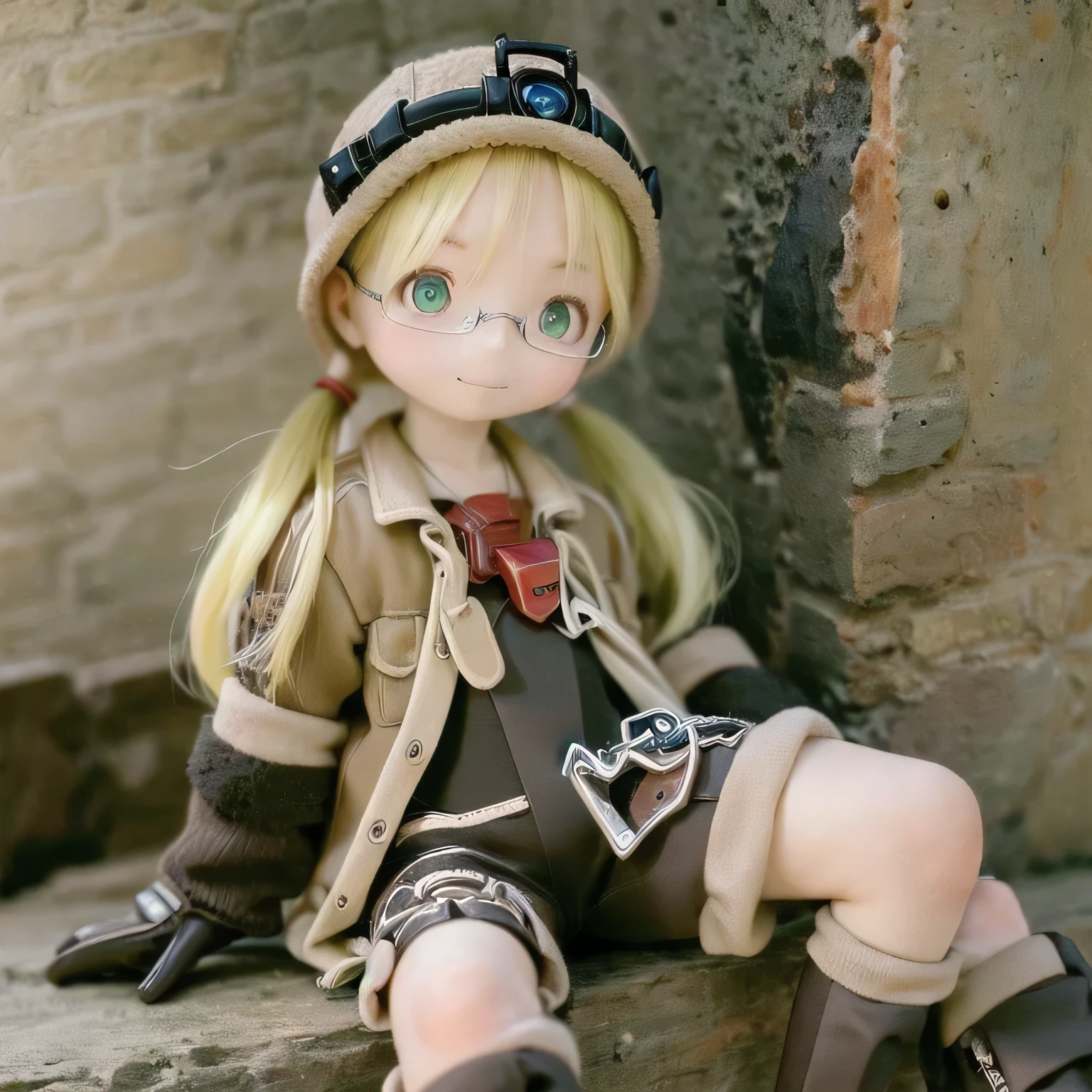 super detailed, Realistic reproduction of Rico from Made in Abyss, Riding astride with a smile and wearing black-rimmed glasses