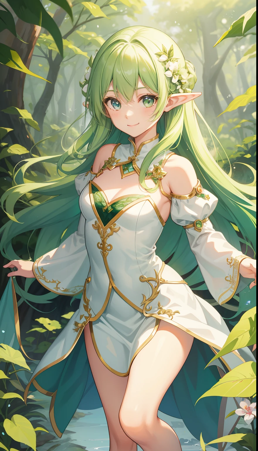 1 girl、smile、pretty girl、green hair、elf、forest fairy、Princess、white dress、(small breasts)、Portrait from the crotch up、