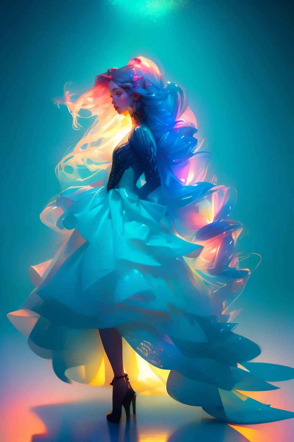 Genera una imagen de una hermosa sirena emergiendo de las profundidades marinas, con largos cabellos ondulados que flotan en el agua. Her fishtail dress is adorned with iridescent scales that reflect sunlight filtering through the waves.. Su rostro de belleza cautivadora irradia un aura de misterio mientras sus ojos detallados brillan con un resplandor misterioso, observando con curiosidad su entorno marino. A su alrededor, una variedad de peces de colores nadan juguetonamente, creando un ambiente vibr