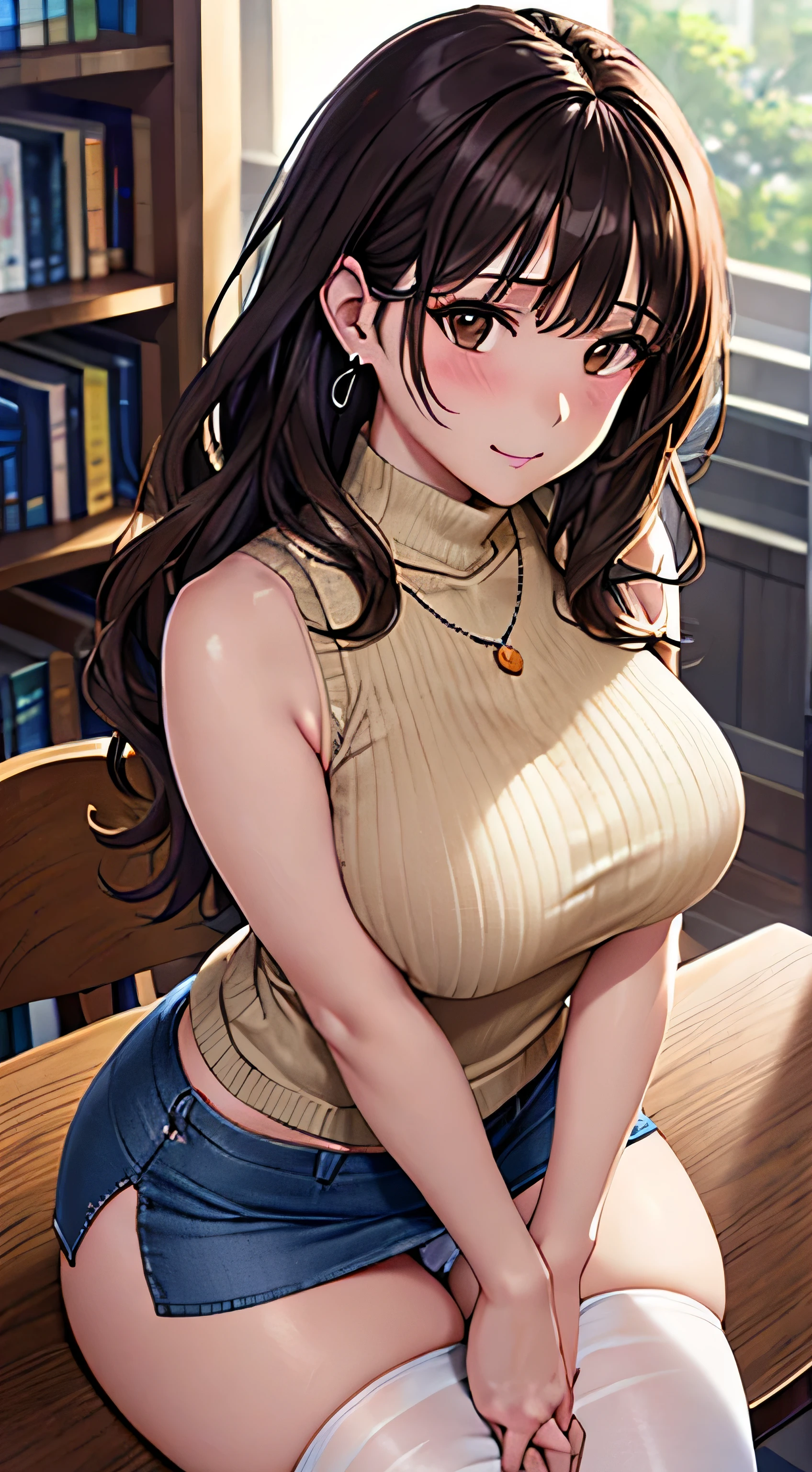 (table top, highest quality, High resolution, , perfect pixel, 4k,), 1 girl, single, alone, Beautiful woman、I could see the whole body、 ((wavy middle hair, bangs, brown hair)), ((brown eyes, beautiful eyelashes, realistic eyes)), ((detailed face, blush:1.2)), ((smooth texture:0.75, realistic texture:0.65, realistic:1.1, Anime CG style)), (soft chest), dynamic angle, perfect body, ((, Beige sleeveless turtleneck sweater、Tight Denim Mini Skirt、black stockings、cute necklace、EarringsMassage your chest with both hands)), upper grade、shy smile、In front of the bookshelves in the library、sit at desk、(angle from below、You can see the white lace panties)