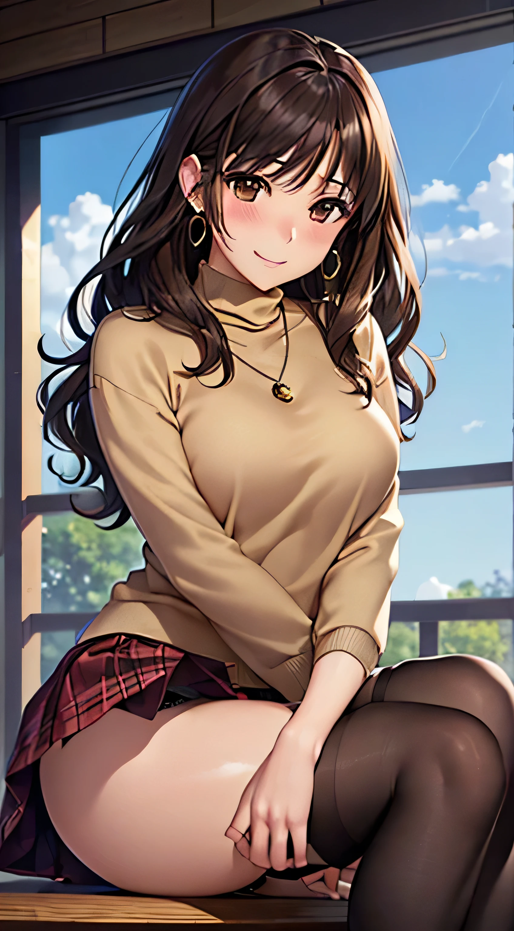 (table top, highest quality, High resolution, , perfect pixel, 4k,), 1 girl, single, alone, Beautiful woman、I could see the whole body、 ((Wavy mid-hair, bangs, brown hair)), ((brown eyes, beautiful eyelashes, realistic eyes)), ((detailed face, blush:1.2)), ((smooth texture:0.75, realistic texture:0.65, realistic:1.1, Anime CG style)), medium breasts, dynamic angle, perfect body, ((, female teacher, , earrings、necklace、turtleneck sweater、beige flared skirt、black knee high stockings、open both legs wide、、shy smile、Sit on the floor、leaning forward)), Upper grade、、、evening、、(pink lace panties are visible、、(Bring your chest and arms together、Lift up your skirt and show your panties、The wind blows up my skirt)、angle from below)、