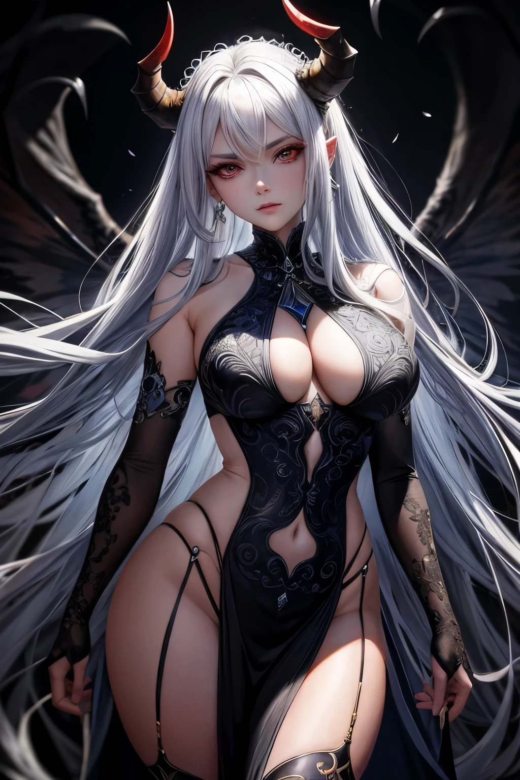 A breathtaking masterpiece, showcasing the best quality and resolution, depicts a mesmerizing Demon Queen with luscious white hair cascading down her back. Her piercing red eyes, filled with an intimidating aura, captivate any beholder. Proudly adorning majestic horns atop her head, she exudes an otherworldly allure. The artwork, meticulously created by the renowned artist Lu Dongjun, showcases the perfect blend of detailed features and vibrant colors. The ultra-fine rendering beautifully highlights every intricate aspect of her face, from the mesmerizing depth of her eyes to the delicate curves of her lips. The studio lighting, reminiscent of a cinematic experience, further enhances the dramatic effect, casting captivating shadows upon her face. This extraordinary piece flawlessly captures the essence