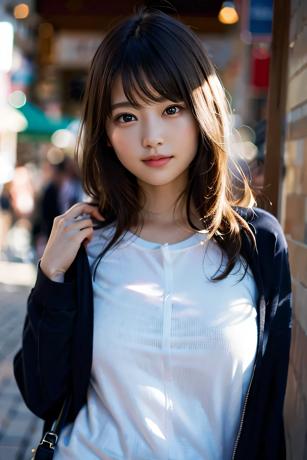 (8k, RAW photo, highest quality, masterpiece: 1.2), (realistic, photorealistic: 1.37), Super detailed, ultra high resolution, one girl, Beholder, beautiful and detailed face, smile, narrow, (slim waist): 1.3), T-shirt, (((T-shirtを持ち上げる'Jacket))),Fine and beautiful skin, skin texture, floating hair, professional lighting