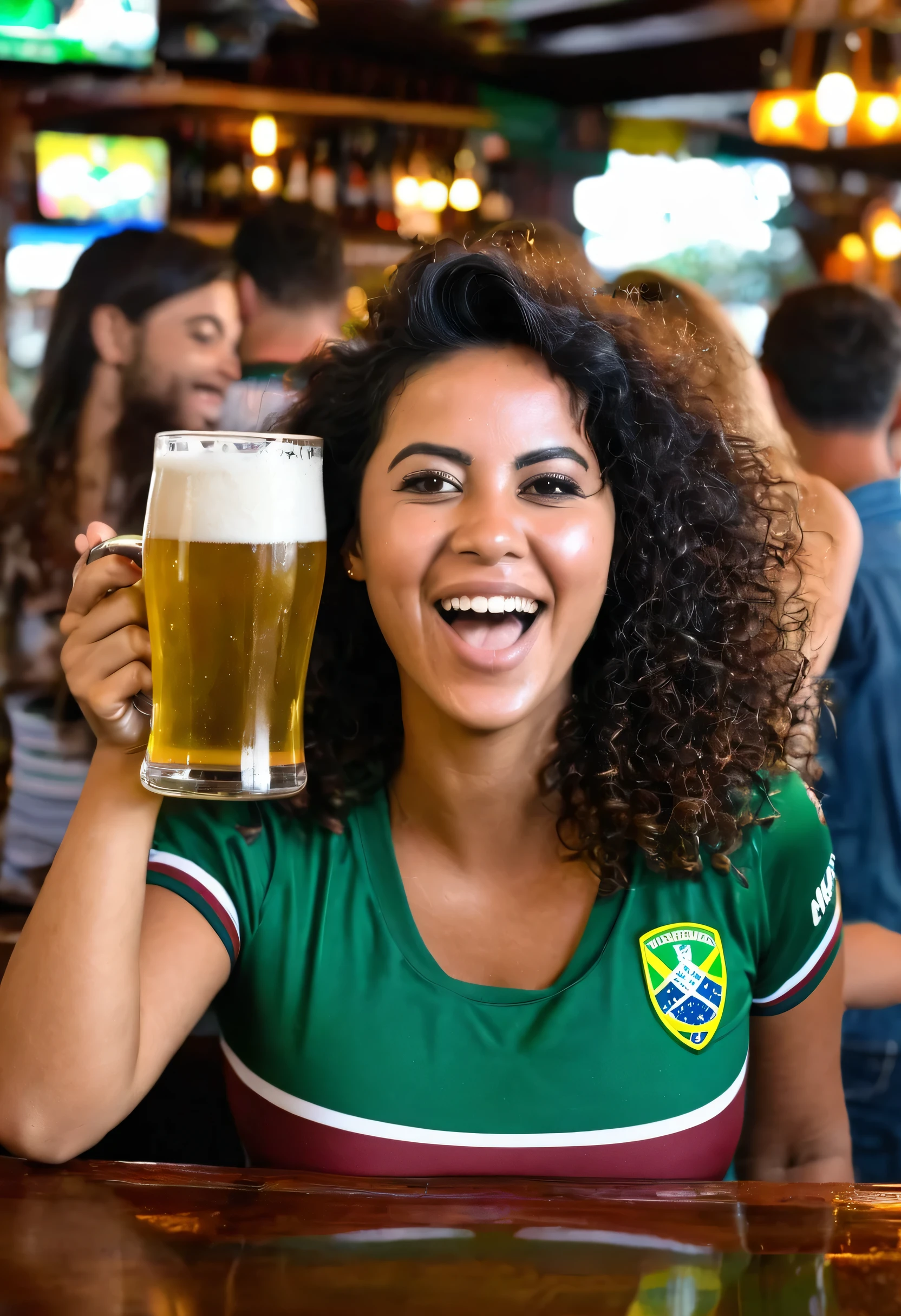 brasileira torcedora fluminense em um bar tomando uma cerveja com todo mundo feliz no bar