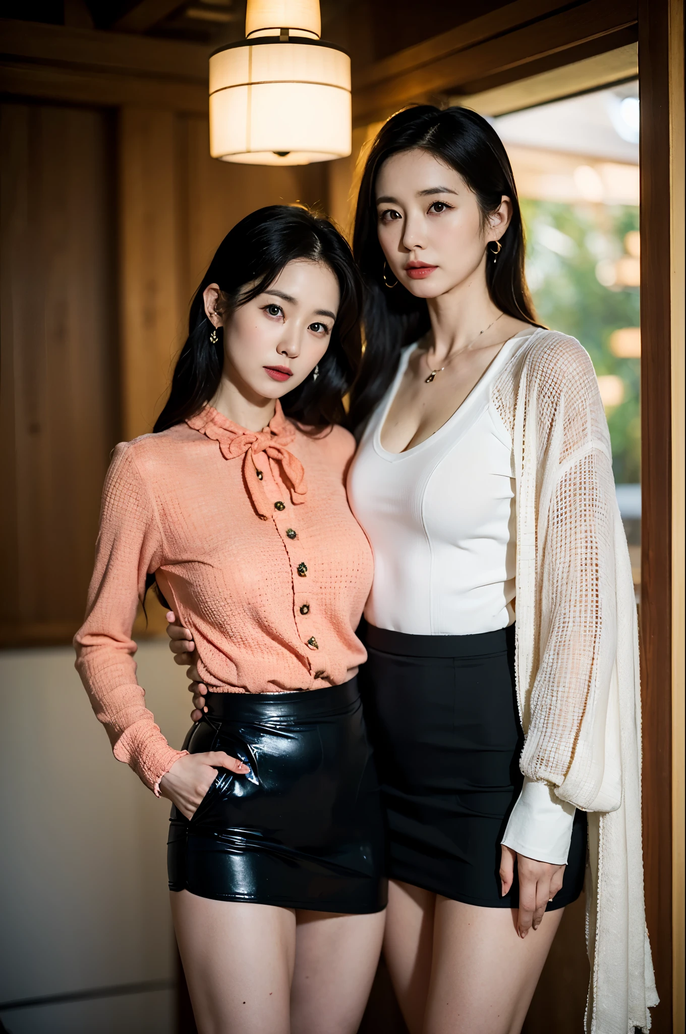 NSFW, 2girls, ((highest quality)), ((8K)), ((masterpiece:1.3)), (be familiar with), perfect face, ((two japanese women)), (Mother and daughter), ((57 years old, 32 years old)), ((Two women standing)), (blouse and tight skirt),