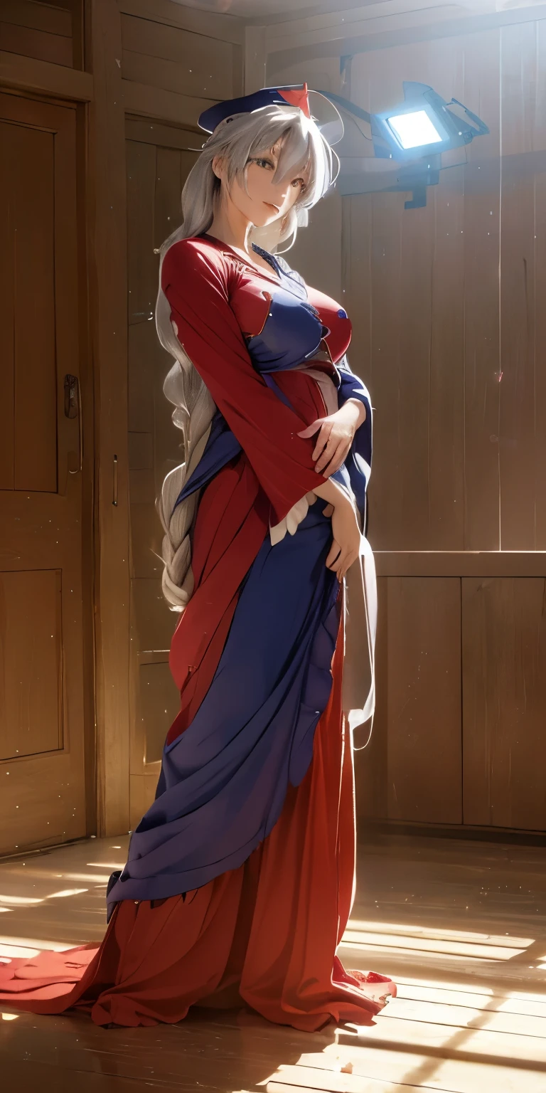 (masterpiece, best quality:1.3), Yagokoro Eirin, Touhou Series, perfect face, expressive eyes, 1woman, looking at viewer, 38 years old, gorgeous body, big breast, beautiful, anime, lora,1woman, silver hair, braid hair, nurse cap, red and blue clothes, long skirt, (cinematic lighting, realistic, dream-like, enchanting atmosphere:1.5),