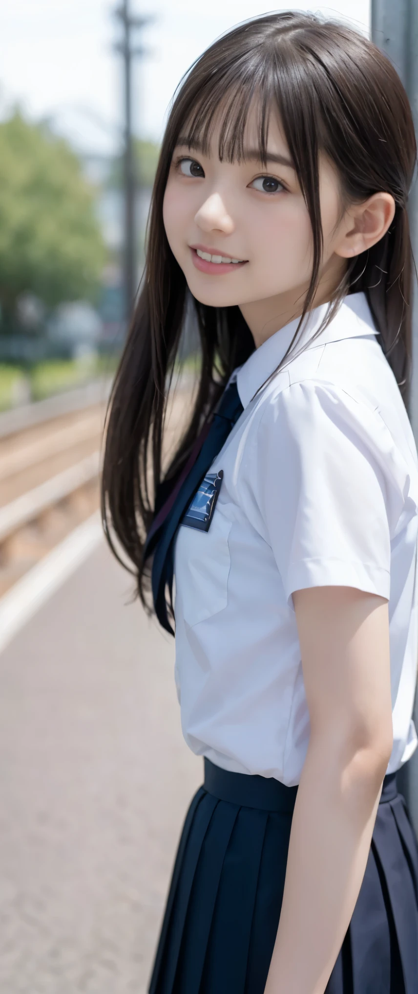 (masterpiece, highest quality:1.2), 8k, 12才のfull nudeの女の子, 85mm,Official AR RAW Photo, スーパースリムなスレンダーbeautiful girl, (When I lift up my short navy blue skirt、下Half bodyfull nude、short sleeveの白シャツ、show me your ears、naked girl photoshoot、full nude, cute face, close, Half body, Biolace, gardenia, beautiful girl, school uniform, Bind your neck with a rope, thighs, short sleeve, stand on the station platform, looking at the viewer, no makeup, (big smile), film grain, chromatic aberration, sharp focus, face light, clear lighting, Ten generations, detailed face, background bokeh, (dark red tie:1.1)、((((((12 year old girl))))))、((((((12才のfull nude女子高生)))))、thin waist