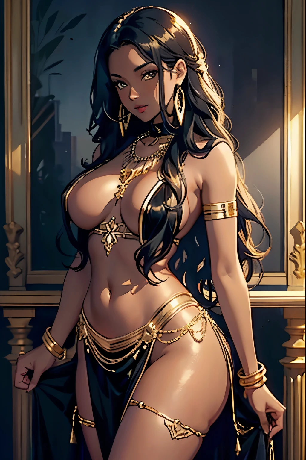 best quality, nsfw, extremely beautiful, beautiful face, long wavy dark hair, (Woman Dark : 1.5), (Dark skin : 1.5), (Shiny skin : 1.5), big breasts, long sexy black and gold dress neckline navel, black and gold breast curtains, long black and gold open_front_skirt, arousal pose, (Accessories: gold-plated chains with torn body : 1.2), (extremely long necklace that goes down to the navel : 1.2)