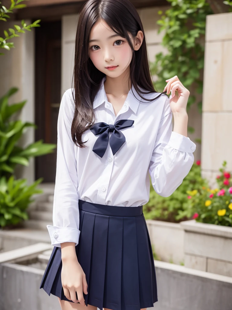 school uniform,(((flat chest))),no makeup,high resolution,professional photo,High resolution,small breasts,10 years old,perfect figure