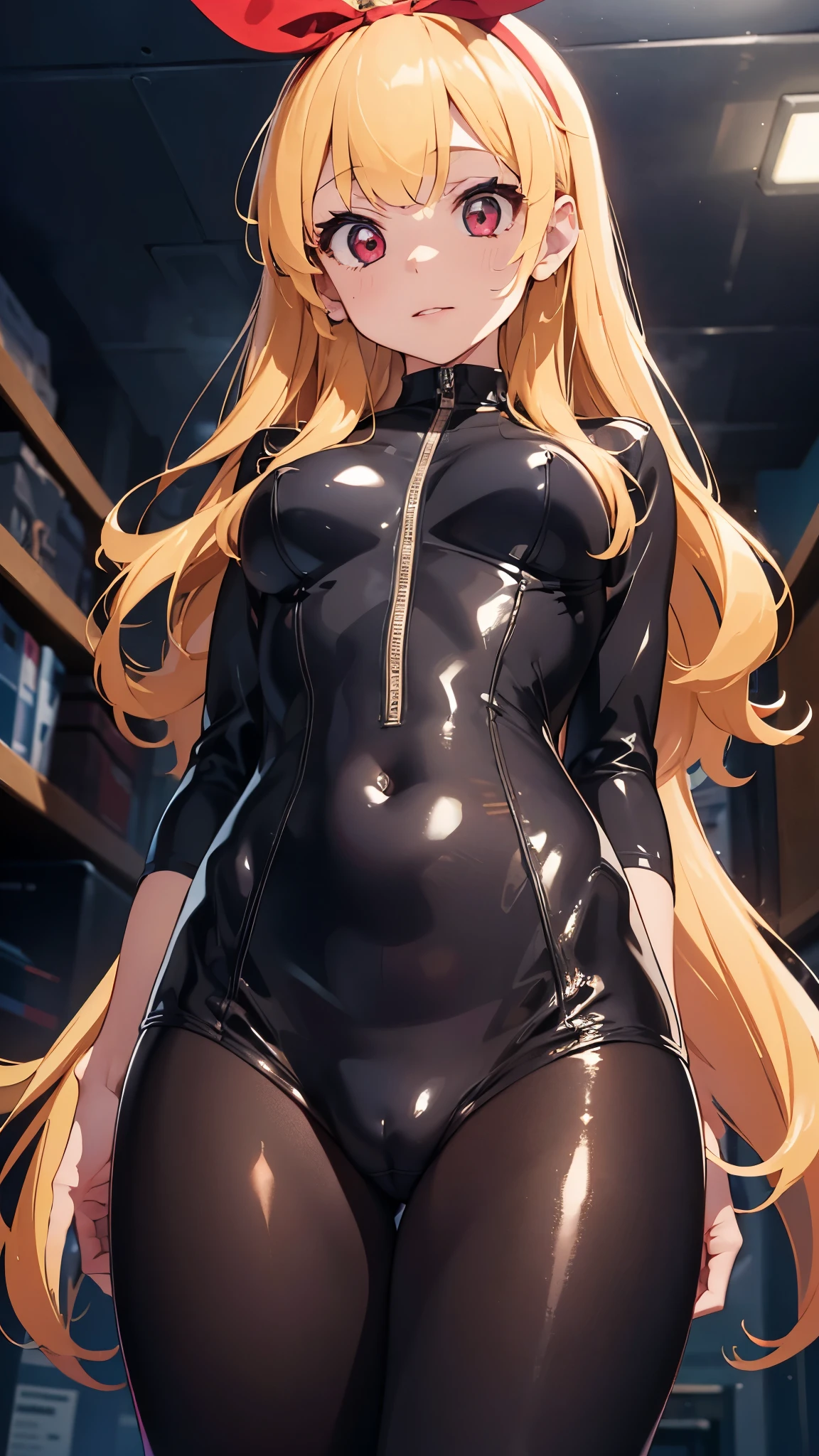 (nsfw:0.7),(RED Ribbon on HAIRband:1.2),(8k back ground), ((deep shadow)), (ultra fine illustration), (best quality), (insanely detailed eyes mouth lip hair arms legs clothes back ground), (1girl, girly makeup, surprise, shocked, blond, blunt bangs,long curly hair, Medium breasts and thighs), (wearing red patent leather body suit), cameltoe, ((madeon, from below, seiling)), ((crotch close-up)), (steam), (((straddling a pov body))),(pointy_groin)