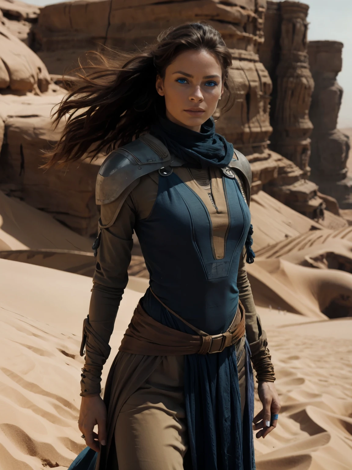 Rebecca Ferguson, magnifique jeune femme, 25 ans, en costume de Fremen, univers de Dune de Frank Herbert, in the desert, lots of dust in the air, fond des yeux bleus, yeux bleus, (completely blue eyes), corps en entier, full body