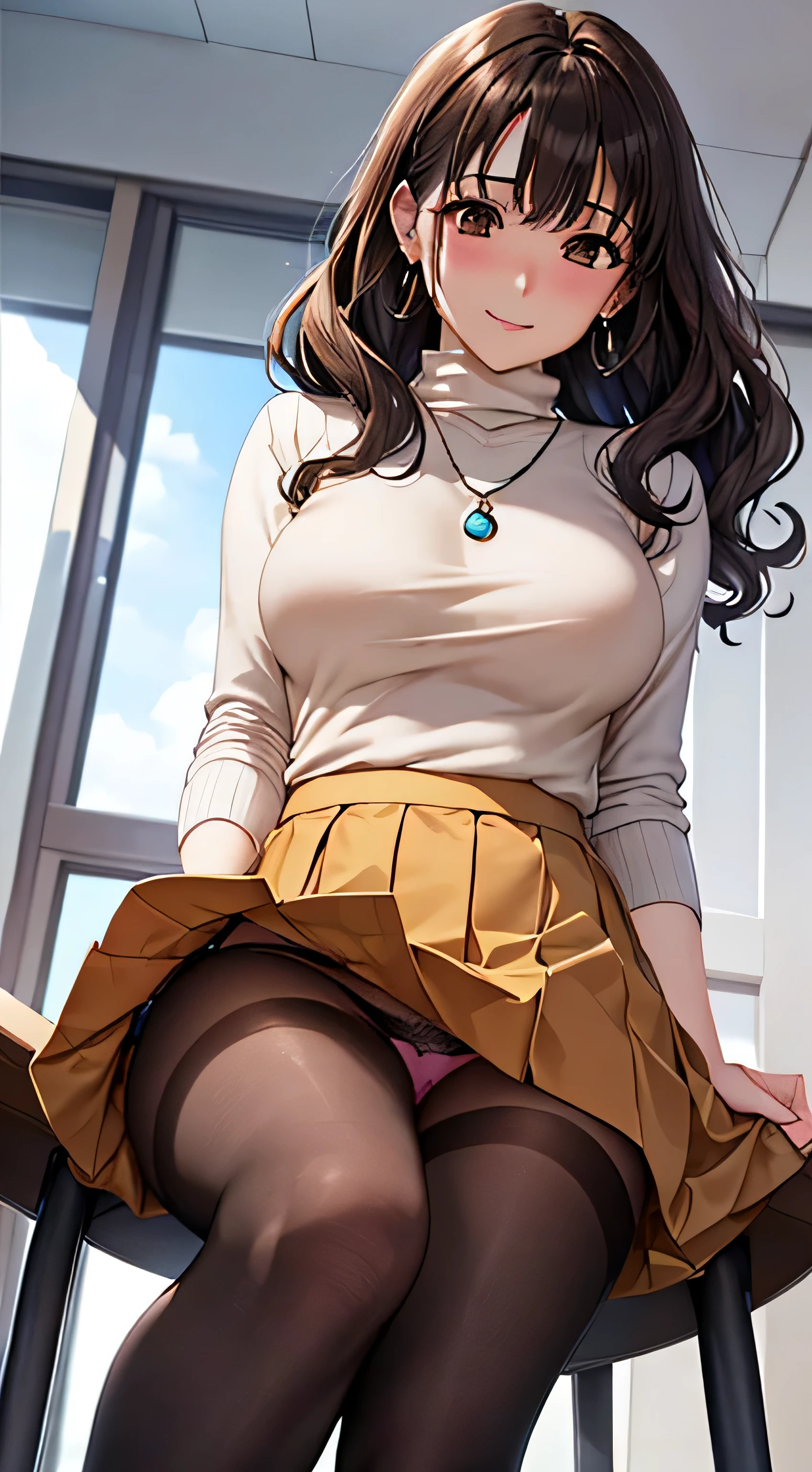 (table top, highest quality, High resolution, , perfect pixel, 4k,), 1 girl, single, alone, Beautiful woman、I could see the whole body、 ((wavy middle hair, bangs, brown hair)), ((brown eyes, beautiful eyelashes, realistic eyes)), ((detailed face, blush:1.2)), ((smooth texture:0.75, realistic texture:0.65, realistic:1.1, Anime CG style)), soft chest, dynamic angle, perfect body, ((, female teacher, , earrings、necklace、turtleneck sweater、beige flared skirt、black knee high stockings、open both legs wide、、shy smile)), upper grade、、、evening、、((pink lace panties are visible)、、(Bring your chest and arms together、Lift up your skirt and show your panties、The wind blows up my skirt)、angle from below)、