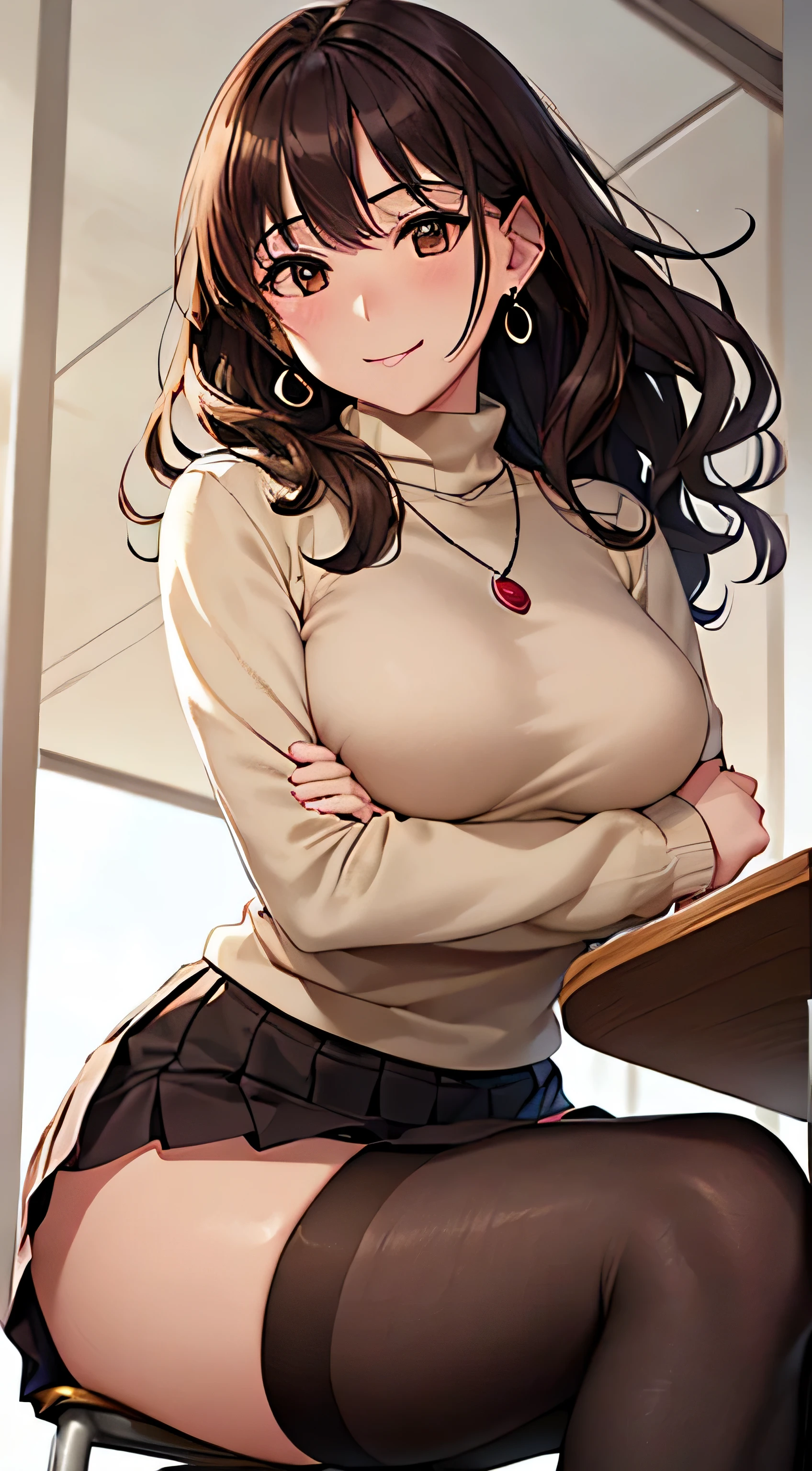 (table top, highest quality, High resolution, , perfect pixel, 4k,), 1 girl, single, alone, Beautiful woman、I could see the whole body、 ((Wavy mid-hair, bangs, brown hair)), ((brown eyes, beautiful eyelashes, realistic eyes)), ((detailed face, blush:1.2)), ((smooth texture:0.75, realistic texture:0.65, realistic:1.1, Anime CG style)), medium breasts, dynamic angle, perfect body, ((, female teacher, , earrings、necklace、turtleneck sweater、beige flared skirt、black knee high stockings、open both legs wide、、shy smile、Sit on the floor、leaning forward)), Upper grade、、、evening、、(pink lace panties are visible、、(Bring your chest and arms together、Lift up your skirt and show your panties、The wind blows up my skirt)、angle from below)、