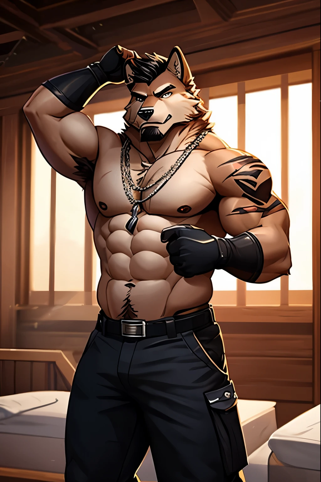 Masterpieces, furry, male, Anthropomorphic, brown wolf, veiny, athletic body, beefy body, Delicate eyes, goatee, glistening body, firefighter, thug, DILF, depth of field, perfect lighting, (best quality),(masterpiece),(ultra detailed), sharp focus, detailed background, shirtless, black nipples, fierce look, scars, black gloves, large chain necklace, hairy furry armpits, raise an arm pose, tattoo, glossy oiled up skin, sweating, wet