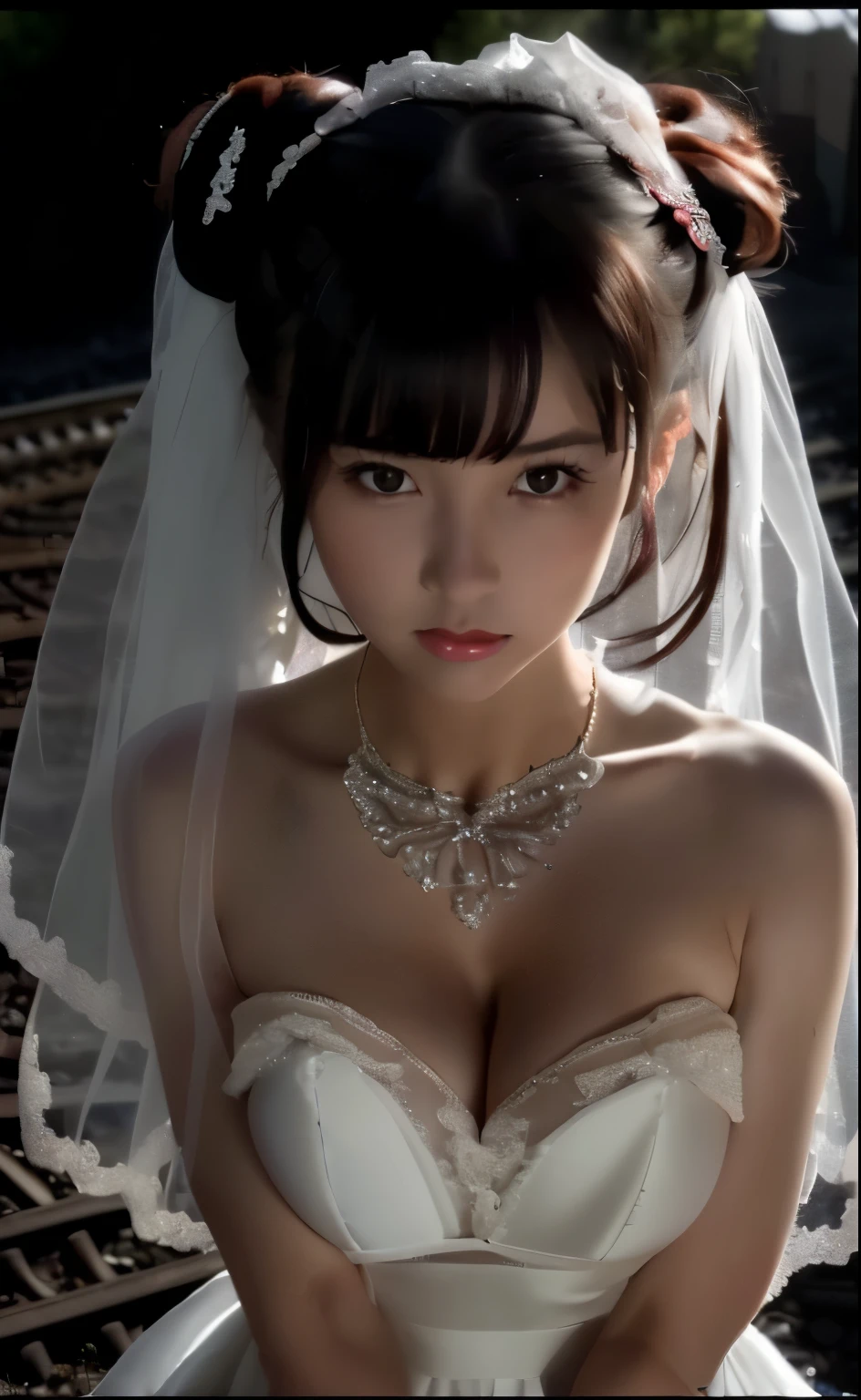 (((Pixel perfect, Perfect details))), alone, 1 girl，bride, yuigahama yui,  美丽bride穿美麗婚紗的特写,Gurwitz, (((bride頭紗)))，（transparent short veil），blush，eye shadow，Blushing face，Head flower，headgear，((bouquet))，((((tube top wedding dress))))，(((strapless wedding dress))),(bare shoulders)，pure white dress，(necklace)，((earrings))，(large breasts:1.3)，Bangs，lipstick，((White long elbow gloves)),Half-length photo,High-detail RAW color art,White long skirt,There is a railway track next to it，(standing on the railroad tracks:1.3),18 years old, （long twintails：1.5）,(double bun:1.5), black hair,