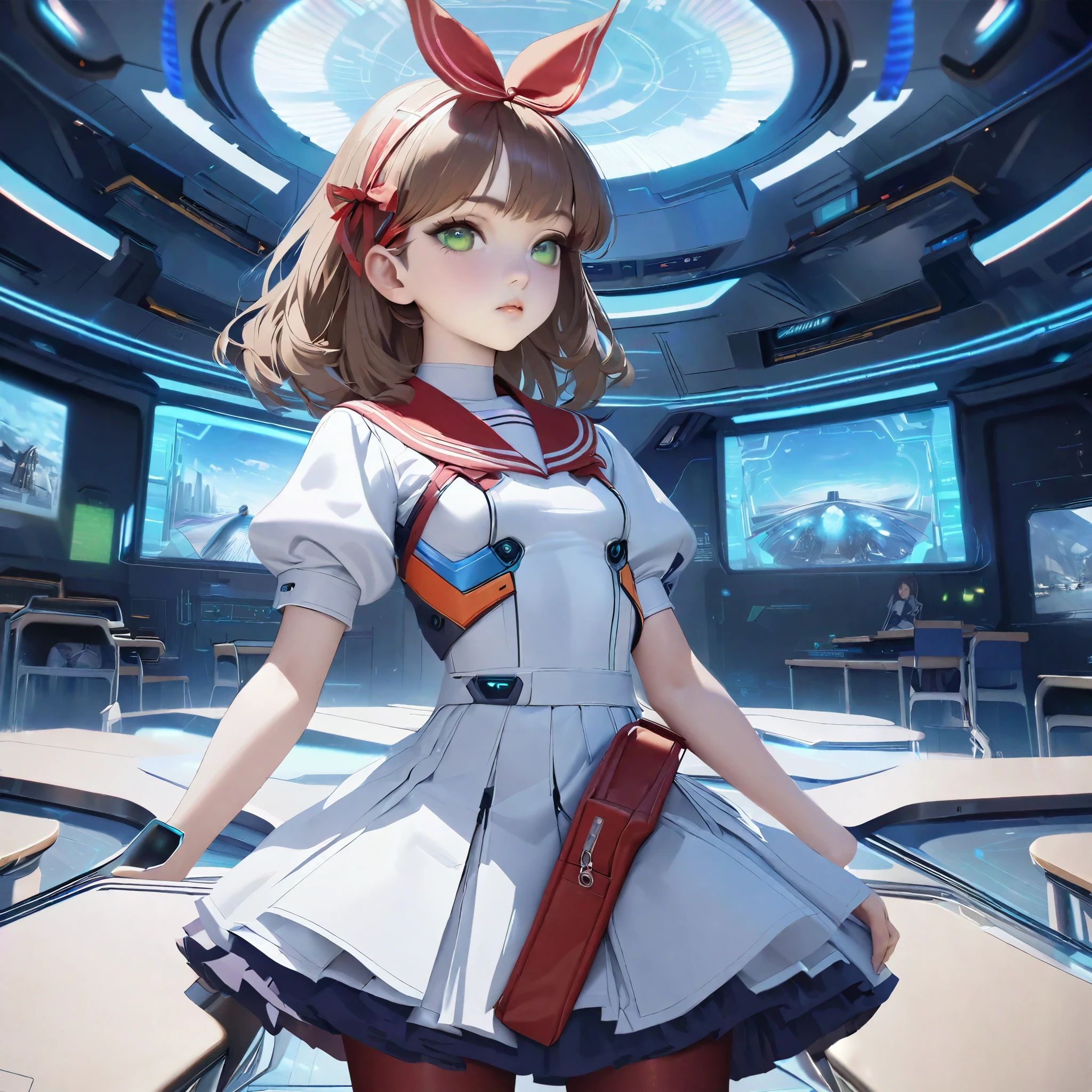 (best quality,4k,highres),ultra-detailed,realistic,portraits,green eyes, long brown hair,anime style,futuristic,Y2K aesthetic,ribbon headband,small breast,futuristic sailor lolita dress,puffy sleeves,white and blue,colorful lighting, red ribbon, navy blue pantyhose, school shoes, school bag, school crest, standing in high tech futuristic classroom, highly detailed, 4K.