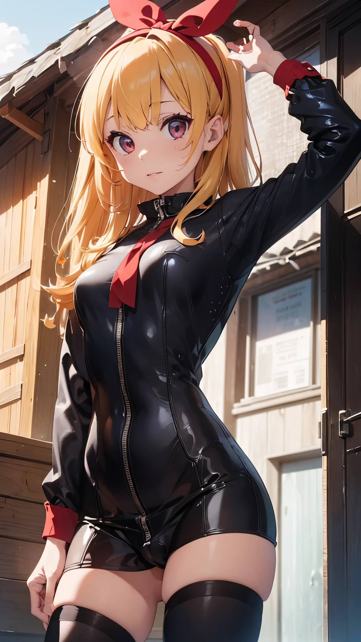 (nsfw:0.7),(RED Ribbon on HAIRband:1.2),(8k back ground), ((deep shadow)), (ultra fine illustration), (best quality), (insanely detailed eyes mouth lip hair arms legs clothes back ground), (1girl, girly makeup, surprise, shocked, blond, blunt bangs,long curly hair, Medium breasts and thighs), (wearing red patent leather body suit), cameltoe, ((madeon, from below, seiling)), ((crotch close-up)), (steam), (((straddling a pov body))),(pointy_groin)