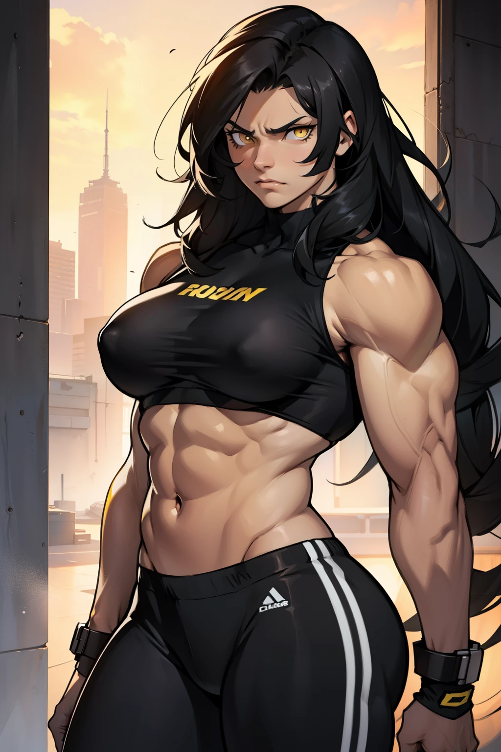 female muscular toned body muscles female bodybuilder solo long hair black hair yellow eyes pale skin upset