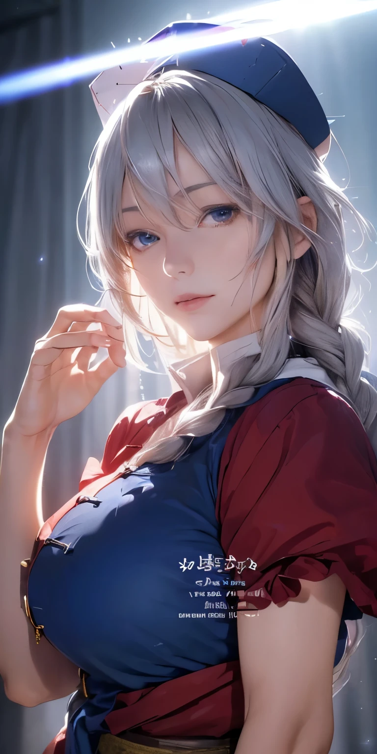 (masterpiece, best quality:1.3), (upper body:1.3), Yagokoro Eirin, Touhou Series, perfect face, expressive eyes, 1woman, looking at viewer, 38 years old, gorgeous body, big breast, beautiful, anime, lora,1woman, silver hair, braid hair, nurse cap, red and blue clothes, long skirt, (cinematic lighting, realistic, dream-like, enchanting atmosphere:1.5),