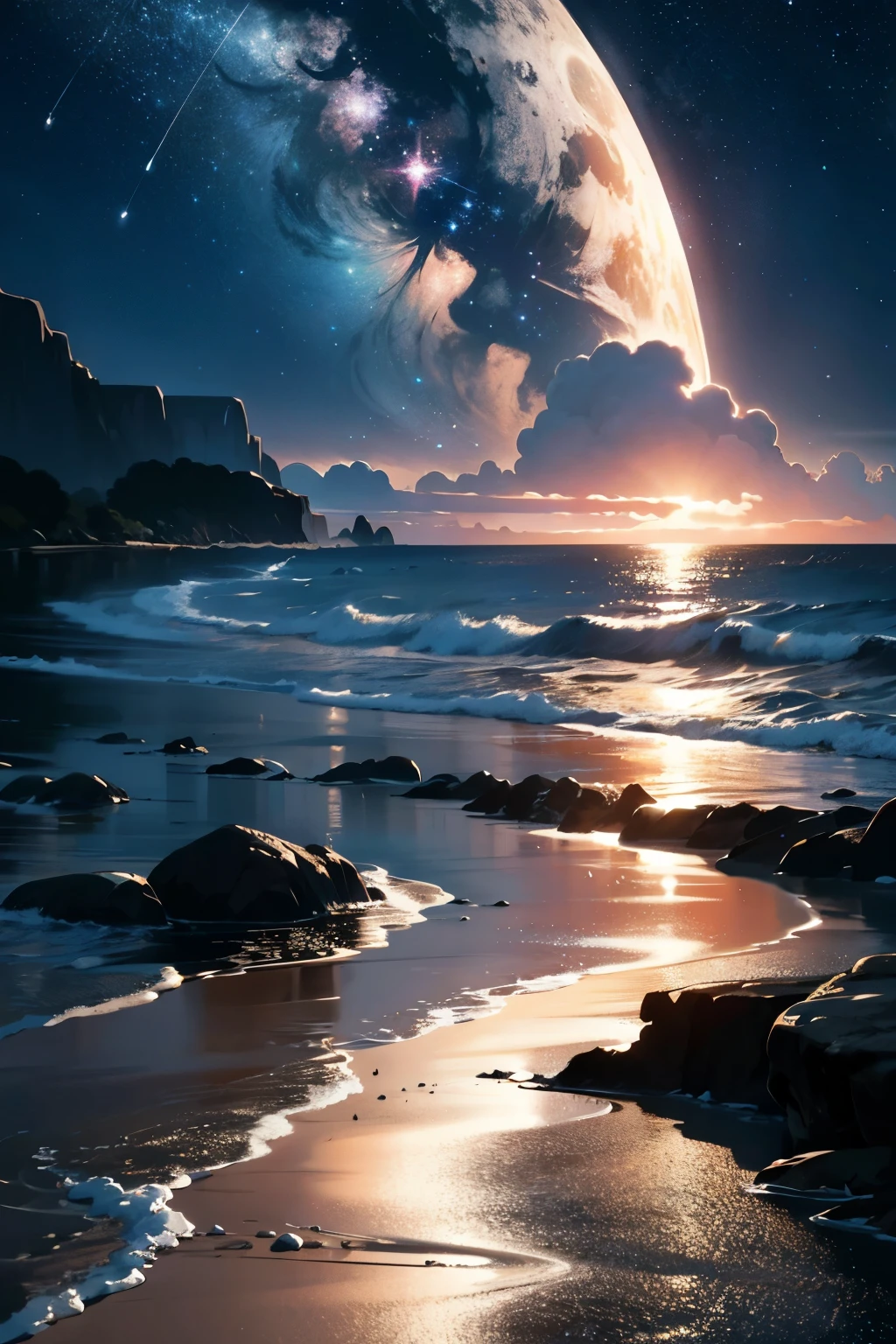 Breathtaking landscape of tranquil sea under the starlit night, Ultra-realistic 8KCG rendition, Dramatic shadows cast by the moonlight upon the water's surface, Perfectly lit scene with twinkling stars reflecting in the waves, Exquisite facial features of the crescent moon and the constellations above, Reflections of the stars forming intricate patterns on the sea, The perfect harmony of nature and the universe, Majestic beauty unfolds as the night progresses, Top Photography Masters Award-Winning Works, Light particles surround each star, Detail-rich texture showcasing the ripples on the water's surface, 8K resolution revealing