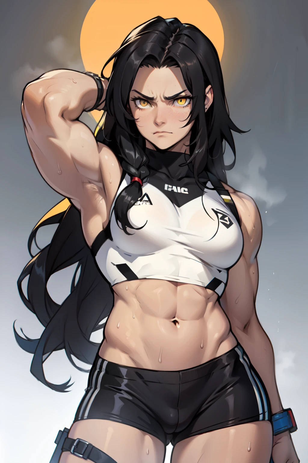 female muscular toned body muscles female solo long hair black hair yellow eyes pale skin upset sweaty perfect anatomy
