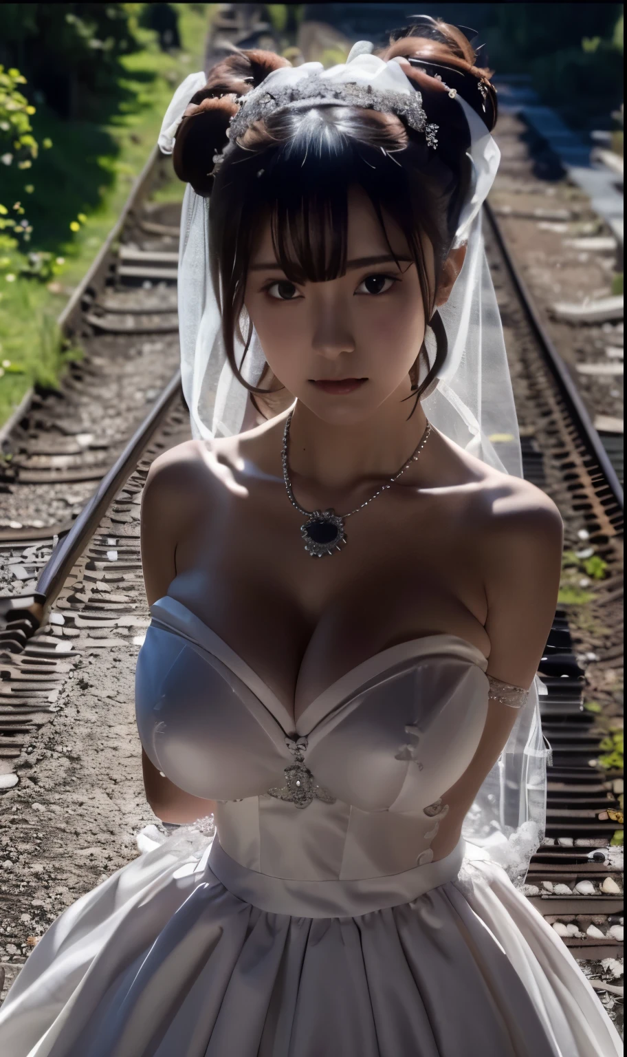 (((Pixel perfect, Perfect details))), alone, 1 girl，bride, yuigahama yui,  美丽bride穿美麗婚紗的特写,Gurwitz, (((bride頭紗)))，（transparent short veil），blush，eye shadow，Blushing face，Head flower，headgear，((bouquet))，((((tube top wedding dress))))，(((strapless wedding dress))),(bare shoulders)，pure white dress，(necklace)，((earrings))，(large breasts:1.3)，Bangs，lipstick，((White long elbow gloves)),Half-length photo,High-detail RAW color art,White long skirt,There is a railway track next to it，(standing on the railroad tracks:1.3),18 years old, （long twintails：1.5）,(double bun:1.5), black hair,