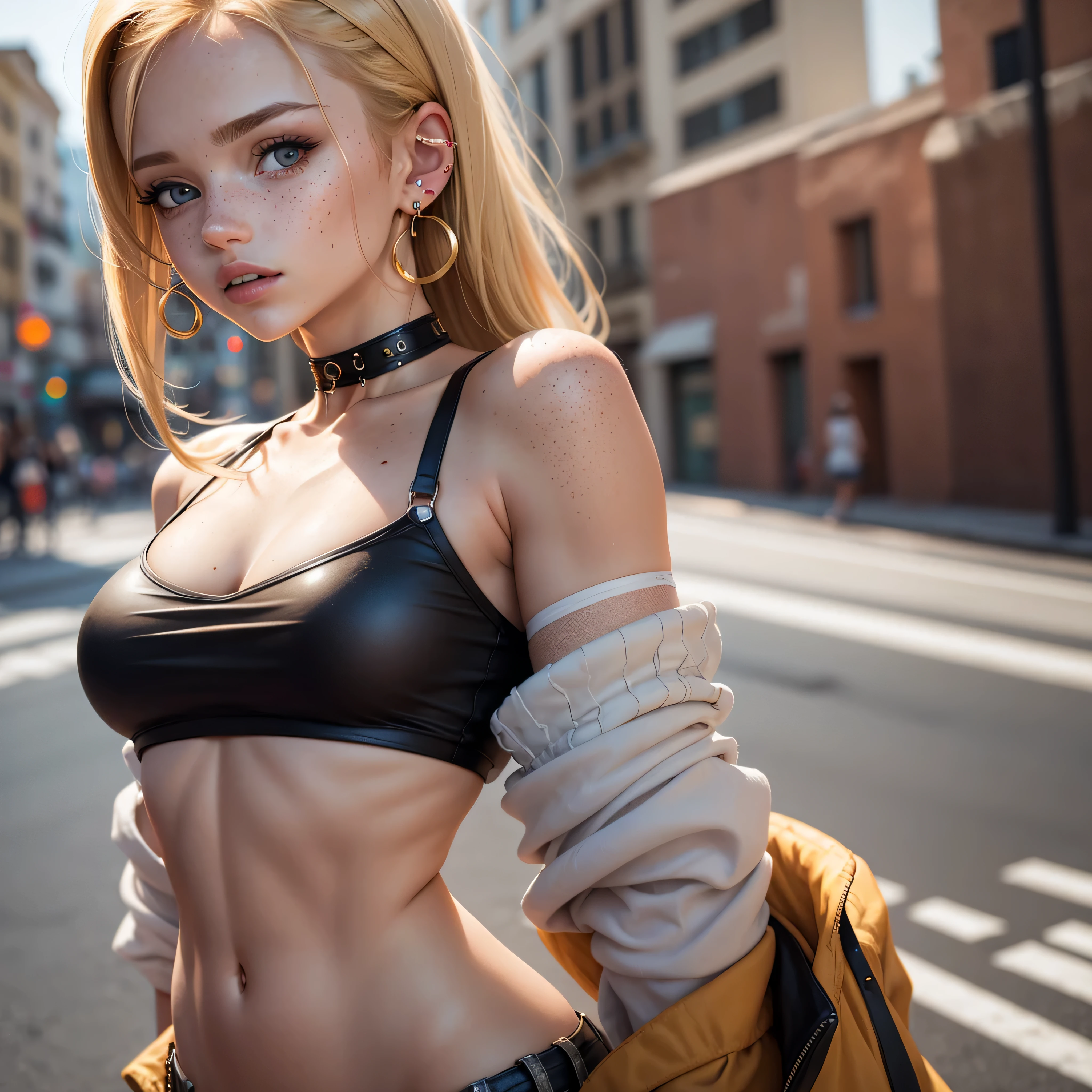 (best quality, 8k, highres, photorealistic:2.0), (solo, one girl:2.0),(lighting:front),(lighting: strong),(Photographed in the downtown area:2.0),(girl is very muscular:1.5),(A girl with amazing abdominal muscles:1.7),(girls is very toned body:2.0),(shiny skin:1.5),(oily skin:1.5),(platinum blonde hair color:1.5),(straight Super long hair:1.5),(flat chest:1.7),(((small breasts:1.7))),(ultimate beautiful girl),(cool beauty girl:1.5),(very elegant woman:1.3),(Wearing Very tiny panties:1.7),(wearing T-front panties:1.7),(high leg panties:1.7),((jacket zip full open:1.3)),(navel is visible),(abdomen is visible),(waist is visible),Blush brown makeup , dark eye makeup ,pink lipstick,(big beady eyes girl:1.3),(intense sex appeal:1.5),(expensive necklace:1.5),(topless girl:1.5),(girl with confidence:1.5)