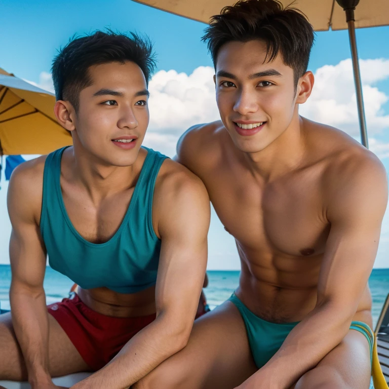 (Two men), (head shot), (Face only), Two American handsome muscular men in their 20s、Sitting on a beach chair by the sea with a rainbow color parasol, they are wearing men's tanktops, mischievous smile, (small details: 1 in 1), natural muscles, hig quality, beautiful eye, (detailed face and eyes), (Face、: 1 / 2), noise, real pictures、... .....PSD, Sharp focus, High resolution 8K, Real & Professional Photography, 8k UHD, Soft lighting, High Quality, Film Grain, Fujifilm XT3 , sexy , eroticism