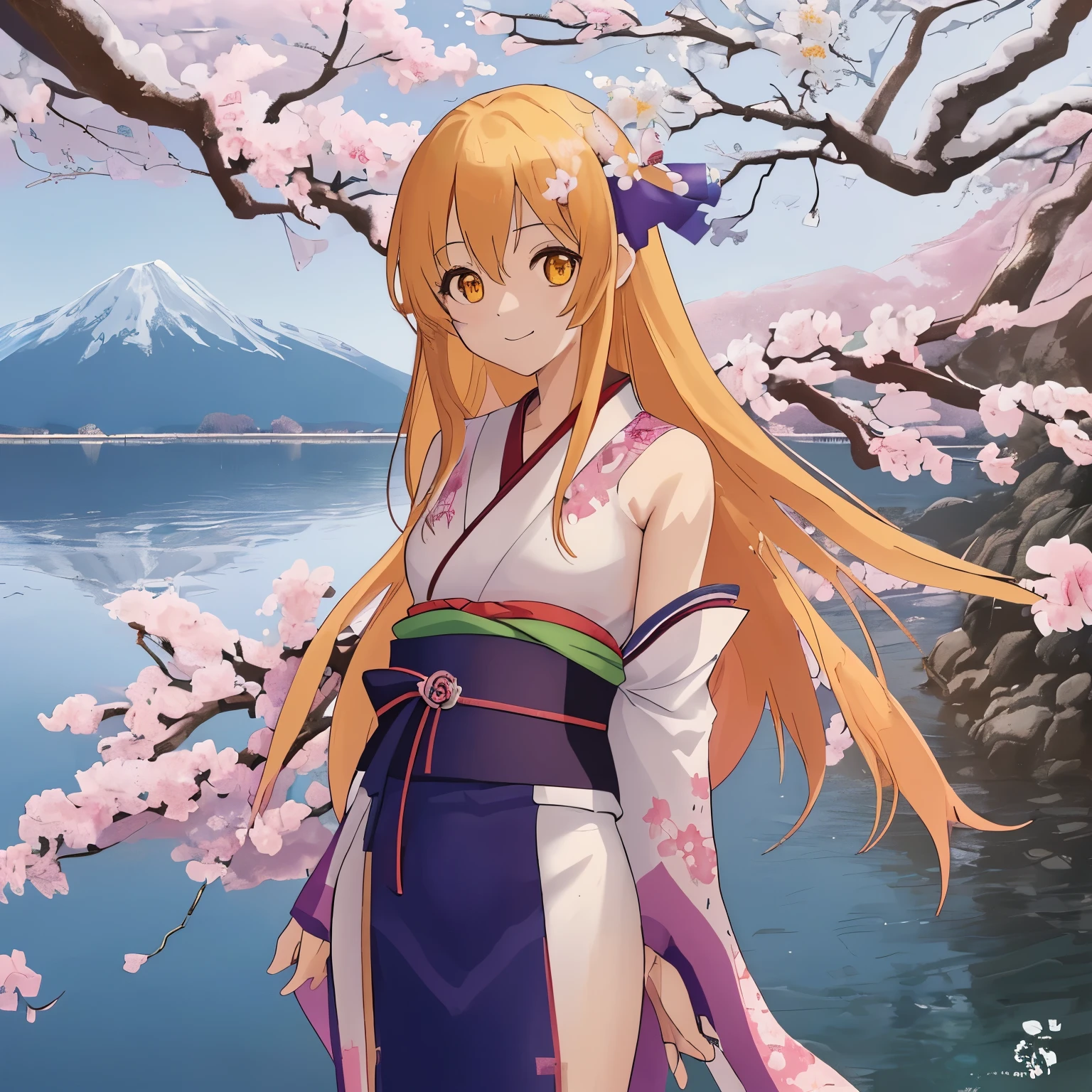 asuna, Obra maestra, Mejor calidad, detallado, (1 chica), solo, detallado golden eyes, pelo largo, de pie, cerca del espectador, (detallado kimono), sonrisa ligera, pechos medianos,  (arms behind the back), agua, atardecer, (adorno para el pelo), (Sakura flowering),  snowy mountain lake in the background