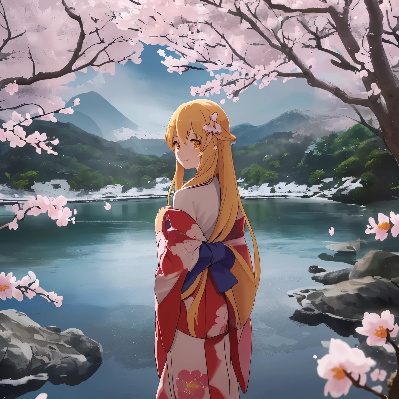 asuna, Obra maestra, Mejor calidad, detallado, (1 chica), solo, detallado golden eyes, pelo largo, de pie, cerca del espectador, (detallado kimono), sonrisa ligera, pechos medianos, (arms behind the back), agua, atardecer, (adorno para el pelo), (Sakura flowering), snowy mountain lake in the background