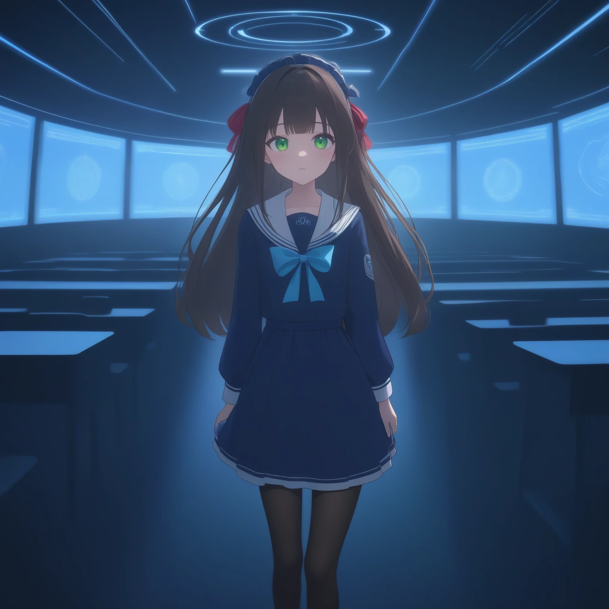 (best quality,4k,highres),ultra-detailed,realistic,portraits, Japaneese school girl, green eyes, long brown hair,anime style,futuristic,Y2K aesthetic,ribbon headband,small breast,futuristic sailor lolita dress,puffy sleeves,white and blue,colorful lighting, red ribbon, navy blue pantyhose, school shoes, school bag, school crest, standing in high tech futuristic classroom, highly detailed, 4K.